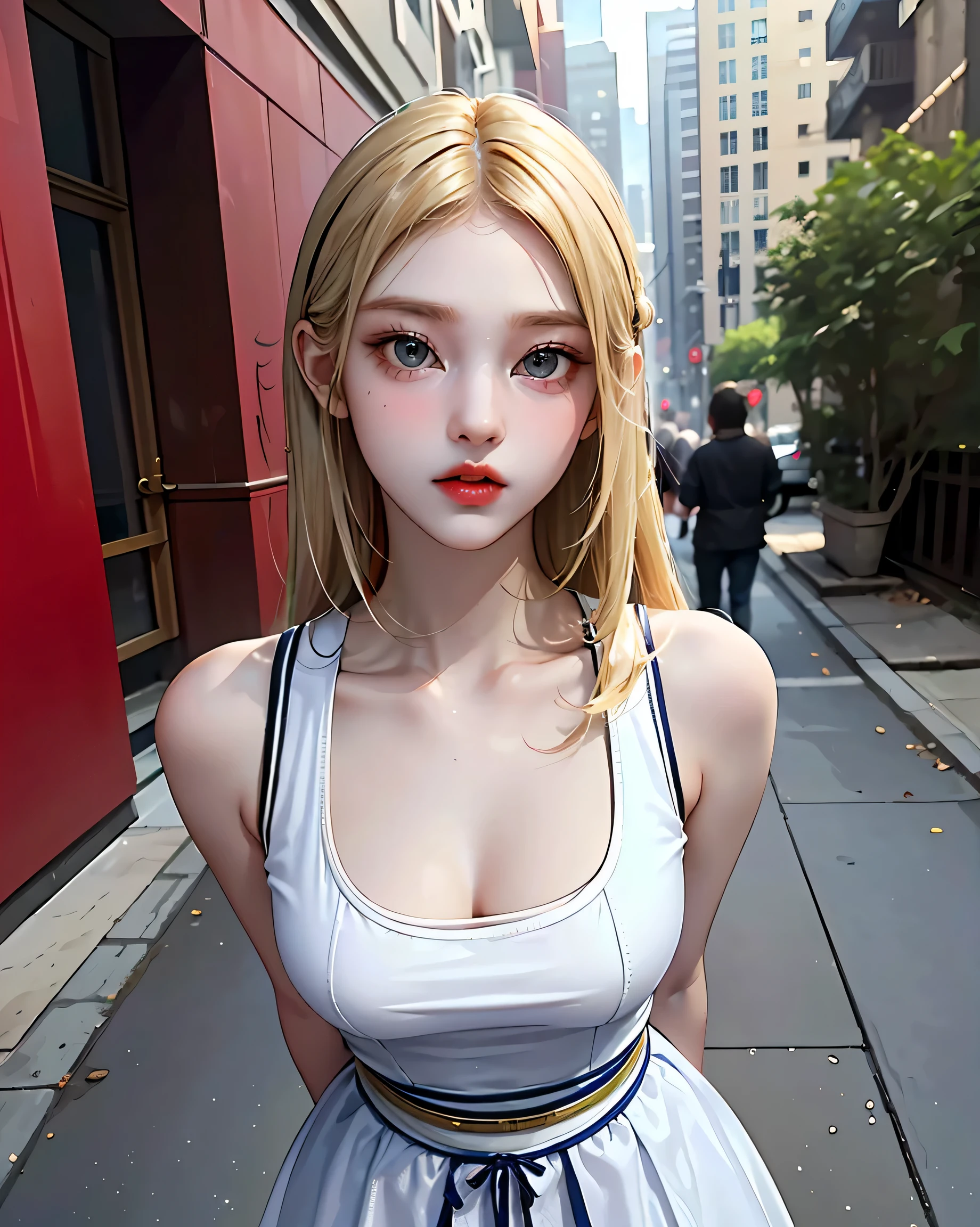 ((small sized breast, tomboy girl, small head)), Daytime, sunlight, (Belly chisel : 1.1), (perfect body : 1.1), (long straight hair : 1.2) , silver hair, shirt collar, chain, Take the whole body, Busy streets, topless., silver pubic hair, ((nude)), (วอลล์เปเปอร์ CG 8k ที่very detailed), (Delicate and extremely beautiful), (Masterpiece), (best quality:1.0), (very high:1.0),  beautiful light ,perfect lightning, realistic shadows, [high resolution], Fine skin, very detailed