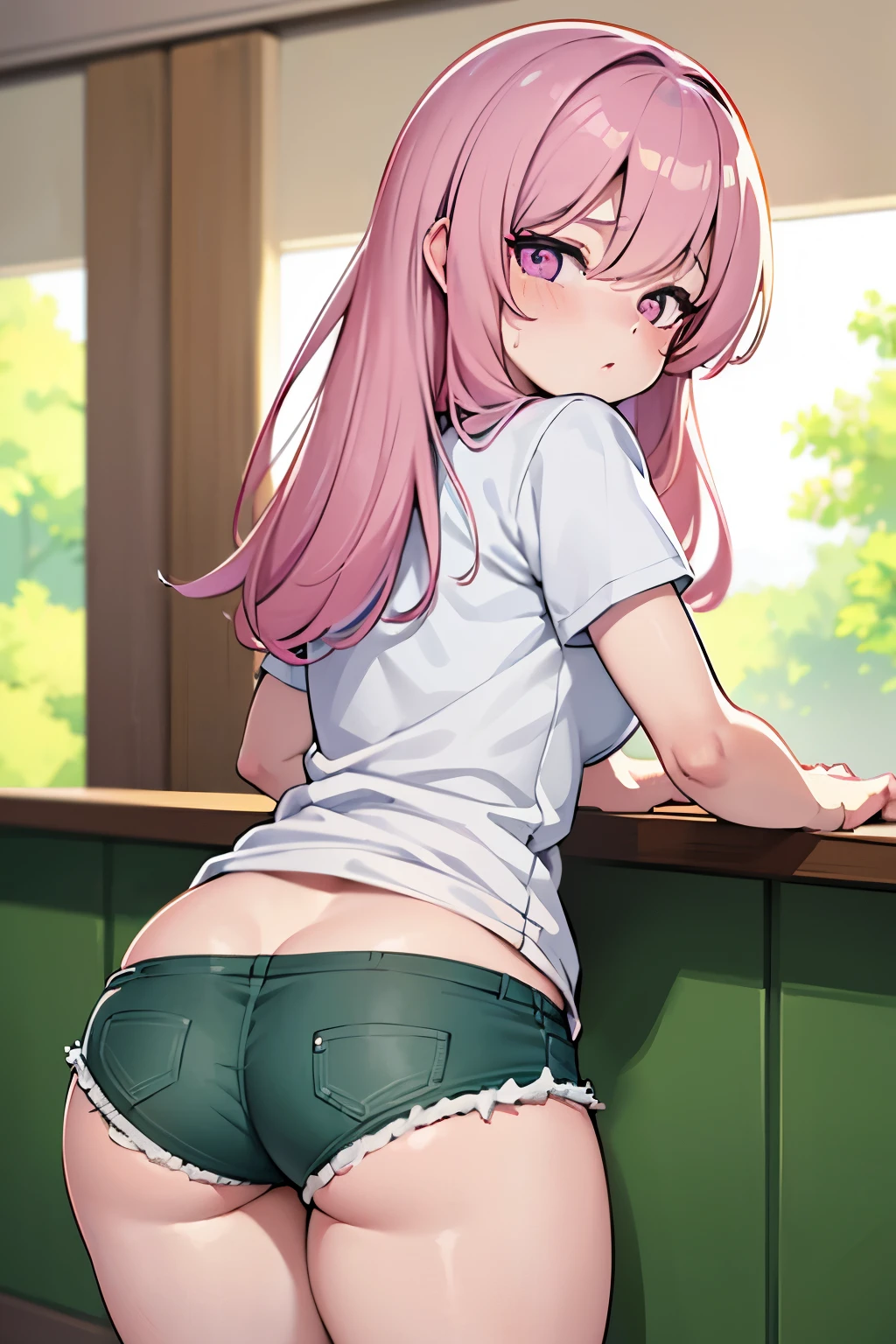 ((best quality)), ((masterpiece)), (detailed), perfect face, anime girl, pettie, , round ass, booty shorts, room, bedroom, pink hair, 1920 x 1080, 4k, ((4k quality)), small girl, white t shirt, hunched over
