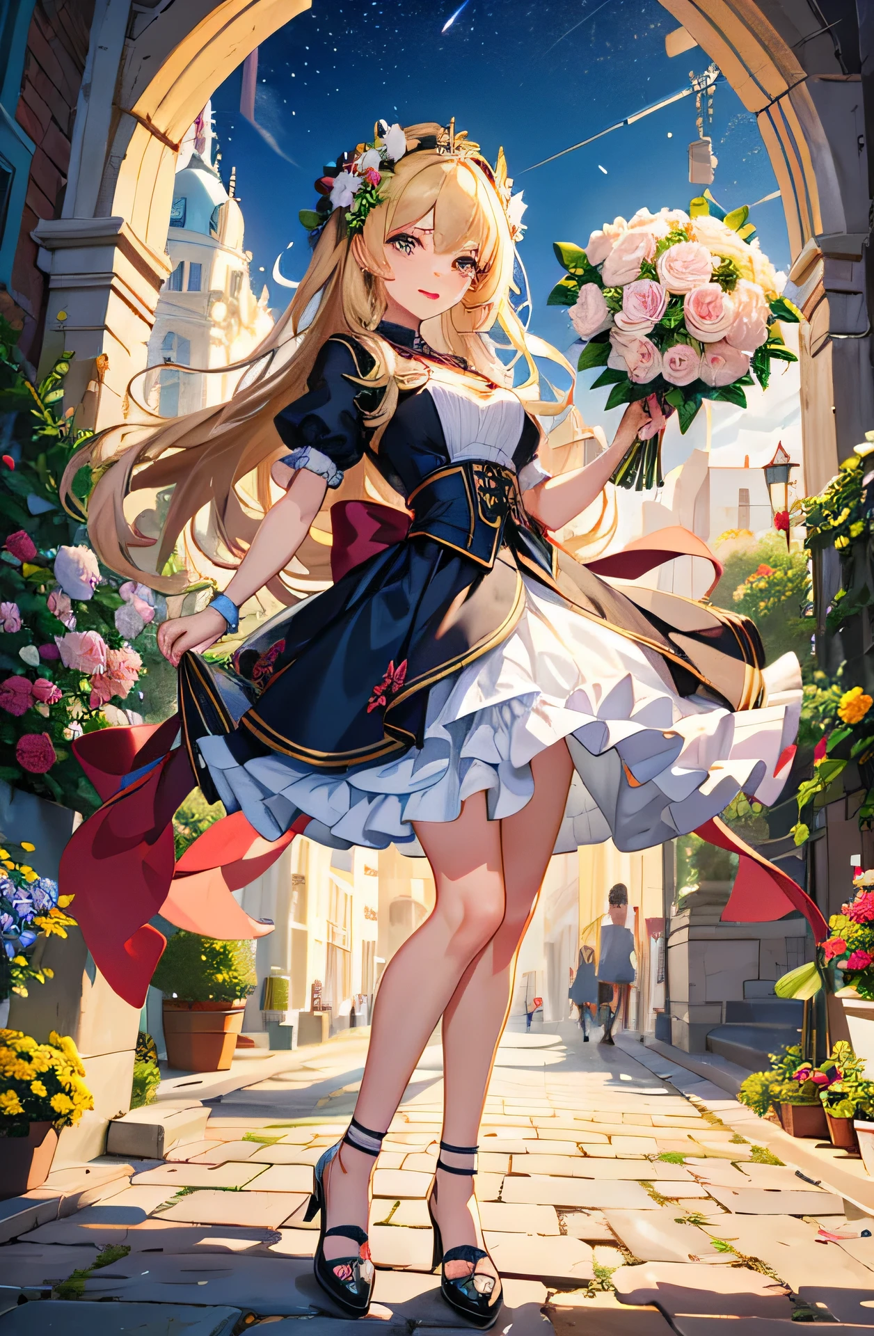 (ultra-detailed background, detailed background), disorganized, High resolution, super detailed, very detailed, 1 girl, (bouquet:1.3), (tangled:1.2), (geometric:1.2),(colorful),Beautiful nudes floating in the sky、full body、