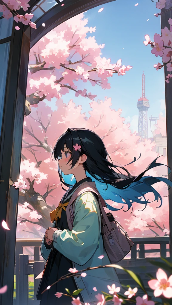 highest quality, masterpiece, very detailed, detailed background, anime, girl1名, 若いgirl, girl, SF, cherry blossoms, outdoor, morning, greenhouse, giant structure, Wind景, scenery, horizon, look up at the sky, Wind, look away, atmosphere lighting, focus only, close, From the side, Depth of written boundary,black hair,detailed face