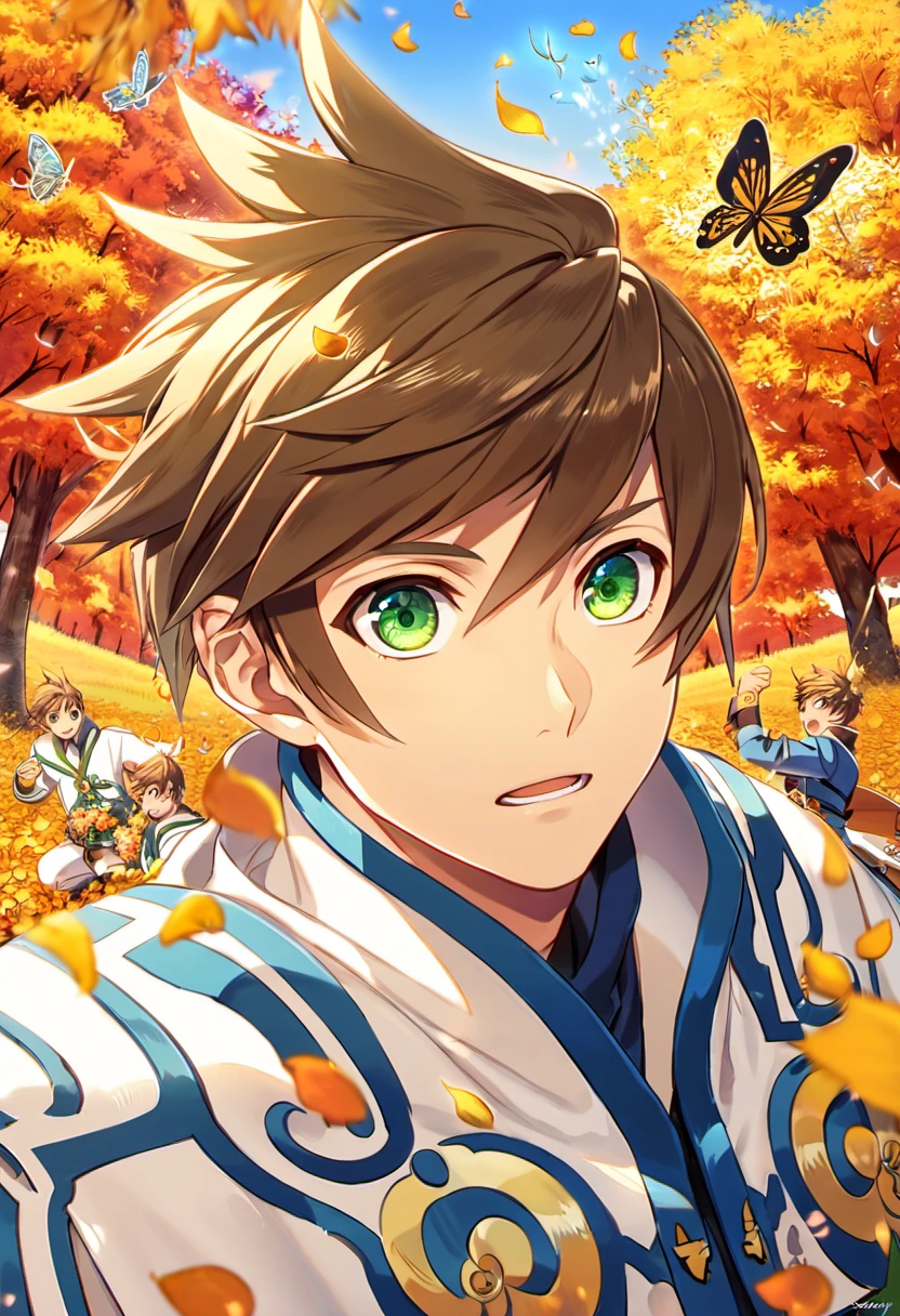 absurdres, highres, ultra detailed, HDR), master piece, best quality, Sorey, brown hair, expressive green eyes, Tales of Zestiria, 1man, handsome, autumn, golden leaves, petals, flowers, butterflies