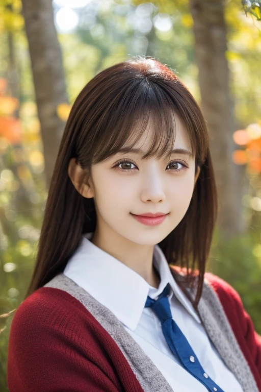 1 girl,(Wearing a collared blouse and cardigan:1.2),(Raw photo, highest quality), (realistic, photo-realistic:1.4), masterpiece, very delicate and beautiful, very detailed, 2k wallpaper, wonderful, finely, very detailed CG unity 8k wallpaper, Super detailed, High resolution, soft light, beautiful detailed girl, very detailed eyes and face, beautifully detailed nose, detailed and beautiful eyes,cinematic lighting,In the beautiful pine forest of the Japanese countryside,autumn landscape,autumn maple tree,On the banks of a small rocky river,perfect anatomy,slender body,smile, Low - Angle