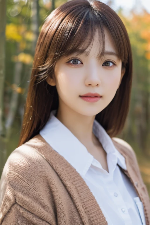 1 girl,(Wearing a collared blouse and cardigan:1.2),(Raw photo, highest quality), (realistic, photo-realistic:1.4), masterpiece, very delicate and beautiful, very detailed, 2k wallpaper, wonderful, finely, very detailed CG unity 8k wallpaper, Super detailed, High resolution, soft light, beautiful detailed girl, very detailed eyes and face, beautifully detailed nose, detailed and beautiful eyes,cinematic lighting,In the beautiful pine forest of the Japanese countryside,autumn landscape,autumn maple tree,On the banks of a small rocky river,perfect anatomy,slender body,smile, Low - Angle