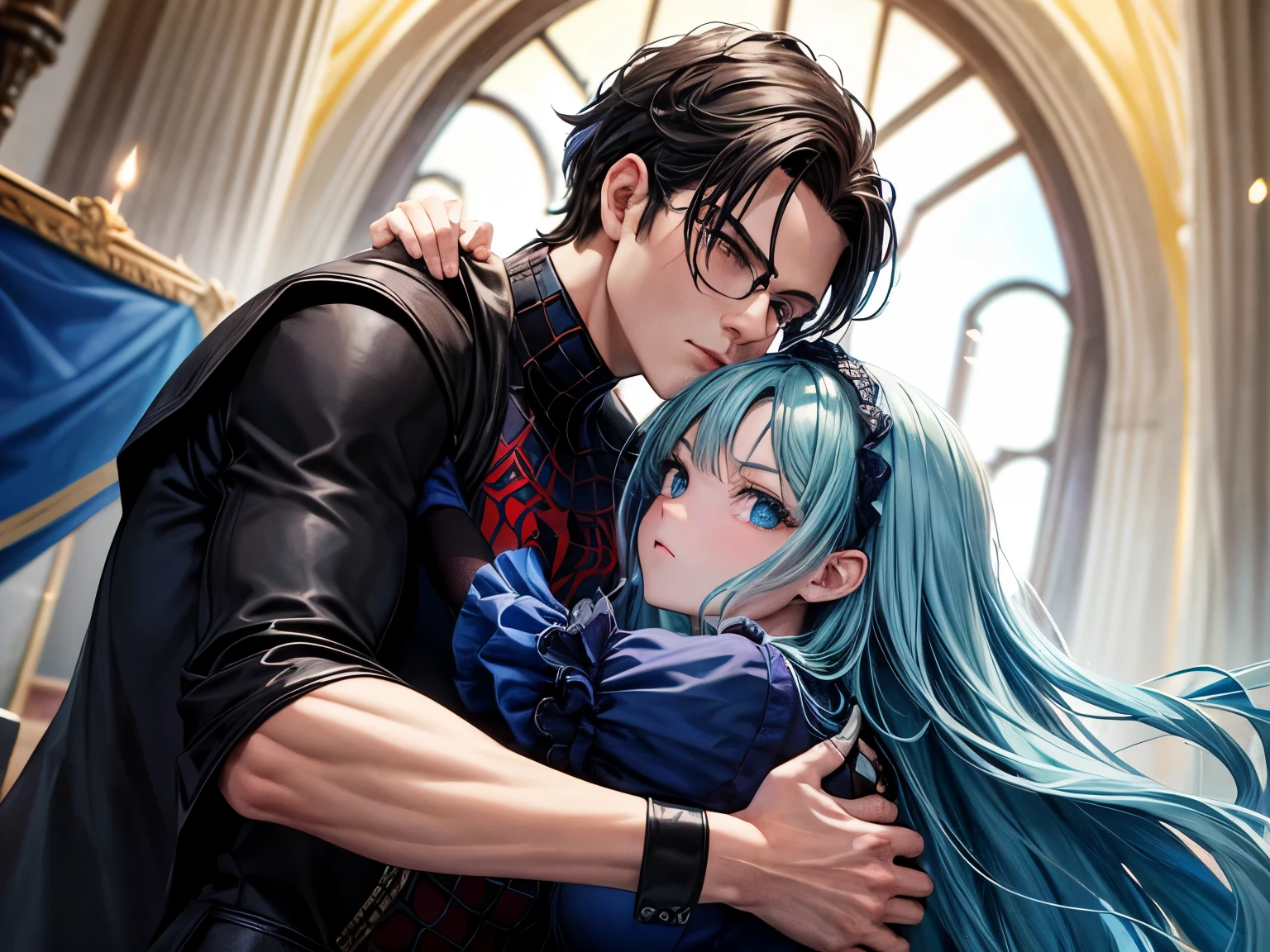 Alta qualidade, casal gotico, homem e mulher, hug, Gothic, filtro de cor azul claro, luz clara, brilho alto, alta qualidade, cores escuras, arte quadrinho, estilo de arte hq spider-man alta qualidade, casal Gothic, homem e mulher, melhor qualidade