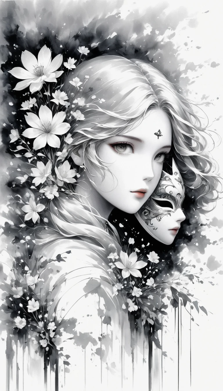 (Anime line drawing:1.5),(black and white painting:1.45),Minimalism,(line art:1.6),sketch,Charcoal drawing,mask,flower,Illustration in surreal art style,surreal dream,Dubrec style,(multiple exposure:1.8),Dreams of happiness,