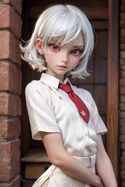 Feminine Femboy with white hair, pale soft skin, and red eyes.