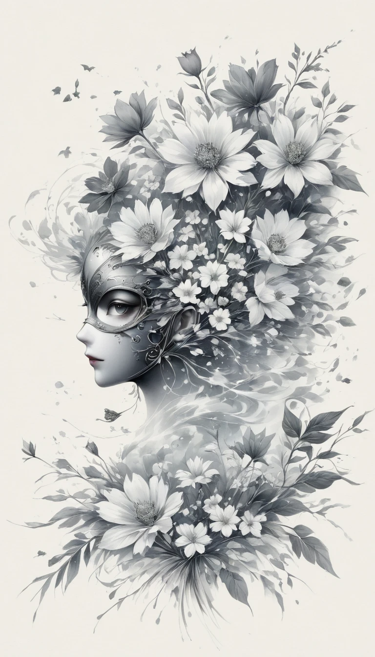 (Anime line drawing:1.5)，(black and white painting:1.45)，Minimalism，(line art:1.6)，sketch，Charcoal drawing，mask，flower,Illustration in surreal art style，surreal dream，Dubrec style,(multiple exposure：1.8),Dreams of happiness，
