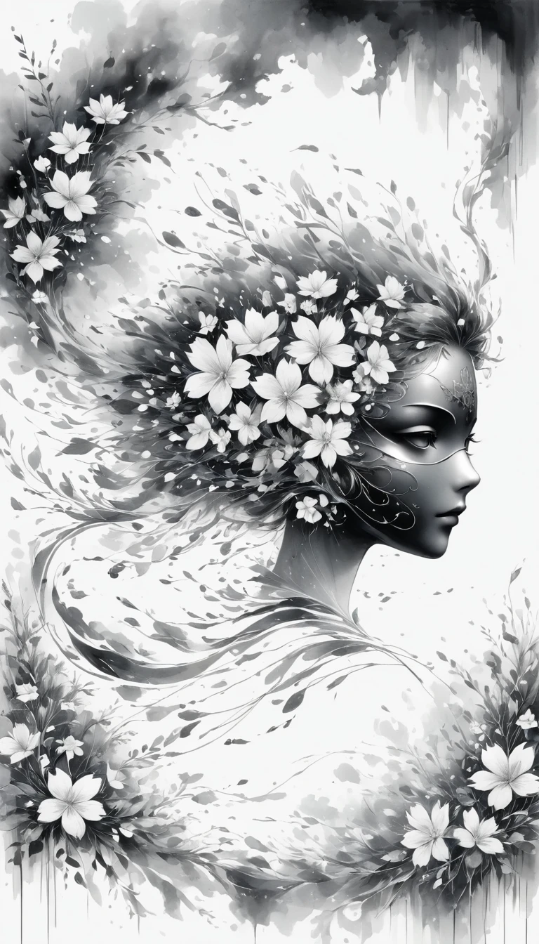 (Anime line drawing:1.5),(black and white painting:1.45),Minimalism,(line art:1.6),sketch,Charcoal drawing,mask,flower,Illustration in surreal art style,surreal dream,Dubrec style,(multiple exposure:1.8),Dreams of happiness,