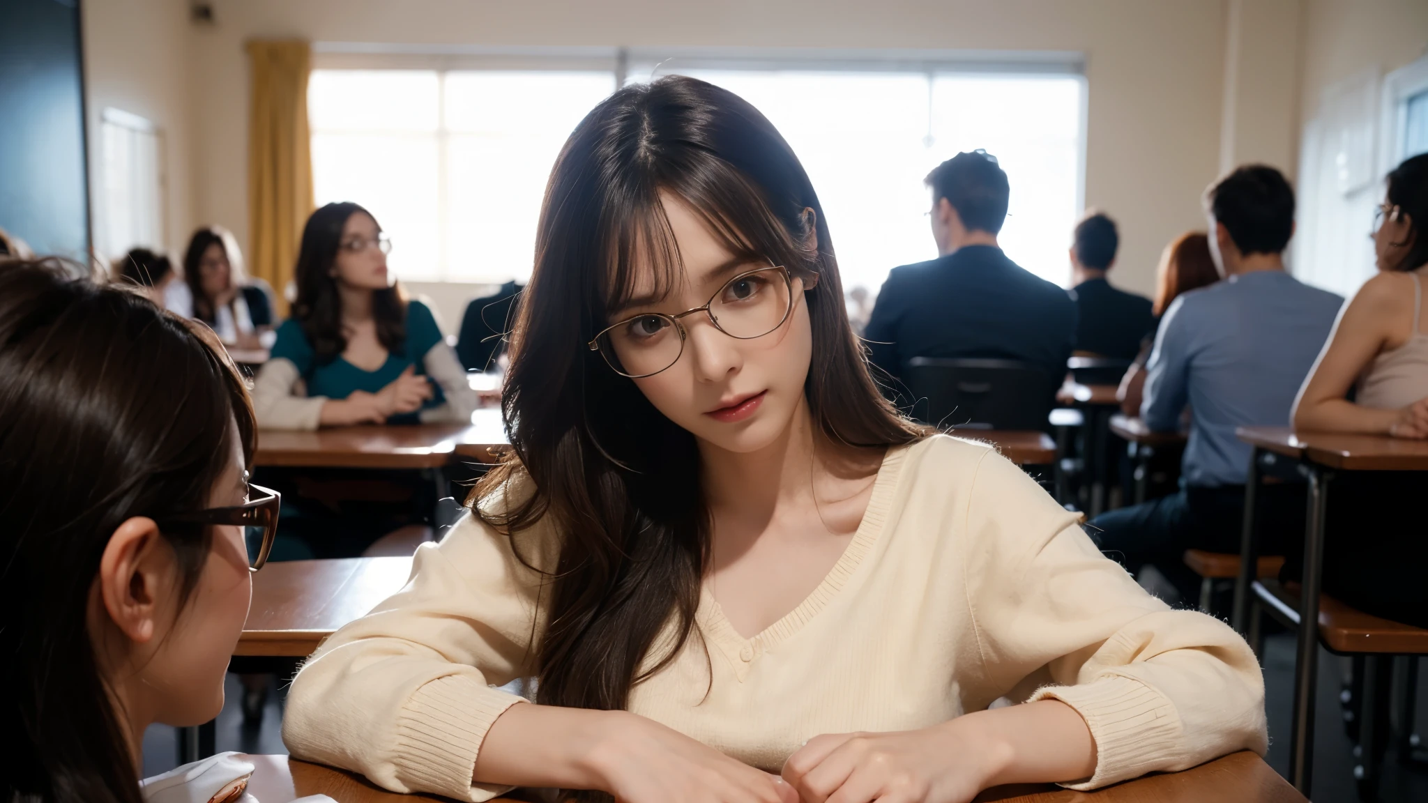 {{{masterpiece}, }}, {Extremely detailed CG unified 8k wallpaper}, Astonishing, fine details, alone, {{flowing hair}, }, a young white-haired woman, very pretty girl, （female teacher），Glasses，complex pattern, elegant posture, Very detailed,big breasts, deadly face, sharp focus, The background is a classroom, concept art, Very detailed, lifelike, octane rendering, Unreal Engine, depth of field, pentagonal bokeh，dramatic，half body shot， dynamic poses, Dynamic angle, split, looking at the audience, Detailed clothes, movie lighting, close up, best quality
