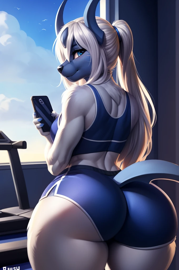(anthro)) fox, Ross Tran, by ruan jia, by zaush, by foxovh Best Quality, masutepiece,, Illustration, Wallpaper,1girl in, Solo, blonde hair, Semi-long hair, Beautiful detailed girl, extremely detailed eye and face, Beautiful detailed eyes, Shy, natural_Lighting, Glow,NSFW, Clean sky, Looking at Viewer, gym, Straight hair, blue petals, Ponytail, Blue Ribbon white hair, Thick_thighs thighs thighs thighs, big ass, wearing tight gym booty shorts, taking a gym selfie of her butt with her phone, absol, blue eyes, blue face, ass, from behind