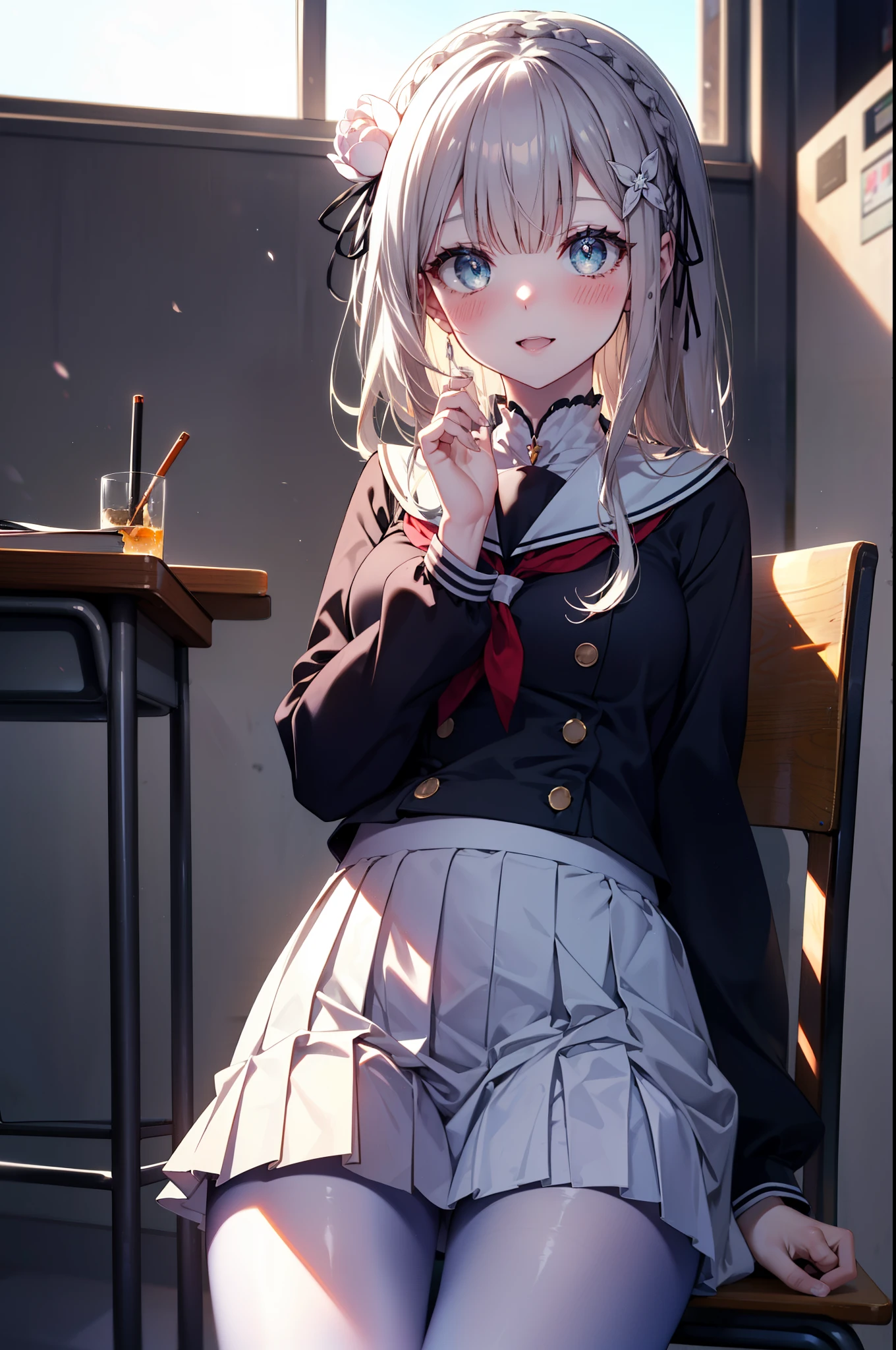 rezeroemilia, emilia, Braid, crown Braid, flower, hair flower, hair ornaments, long hair,hair ribbon, smile,blush,open your mouth,Black Abyss Glasses,black sailor uniform,black pleated skirt,white pantyhose,brown loafers,sitting cross-legged on a chair,There is a textbook on the desk,
break indoors, School classroom,
break looking at viewer, (cowboy shot:1.5),
break (masterpiece:1.2), highest quality, High resolution, unity 8k wallpaper, (shape:0.8), (fine and beautiful eyes:1.6), highly detailed face, perfect lighting, Very detailed CG, (perfect hands, perfect anatomy),
