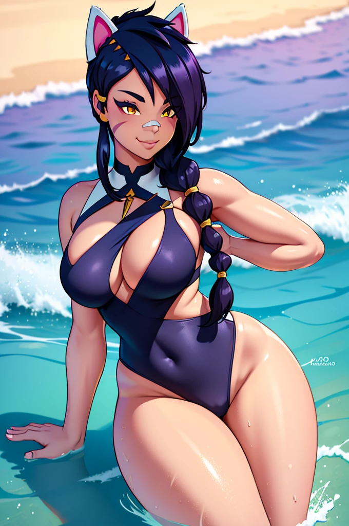 Erisa, 1girl, solo, long hair, looking at viewer, black hair, bandaid on face, yellow eyes, animal ears, smile, bandaid on nose, braid, cat ears, bandaid, bangs, breasts, fake animal ears, simple background, fang, bare shoulders, scar, bare shoulders, closed mouth, hair over one eye, portrait, hair over shoulder, legs, seductive, bathing suit, 2 piece swimsuit, beach, realistic, highly detailed face, detailed eyes, best quality, masterpiece, ultra detail, ultra high res, extreme detail, 8k, uhd, voluptuous, curvy, thick thighs, milf, butt, ass, round ass, from behind