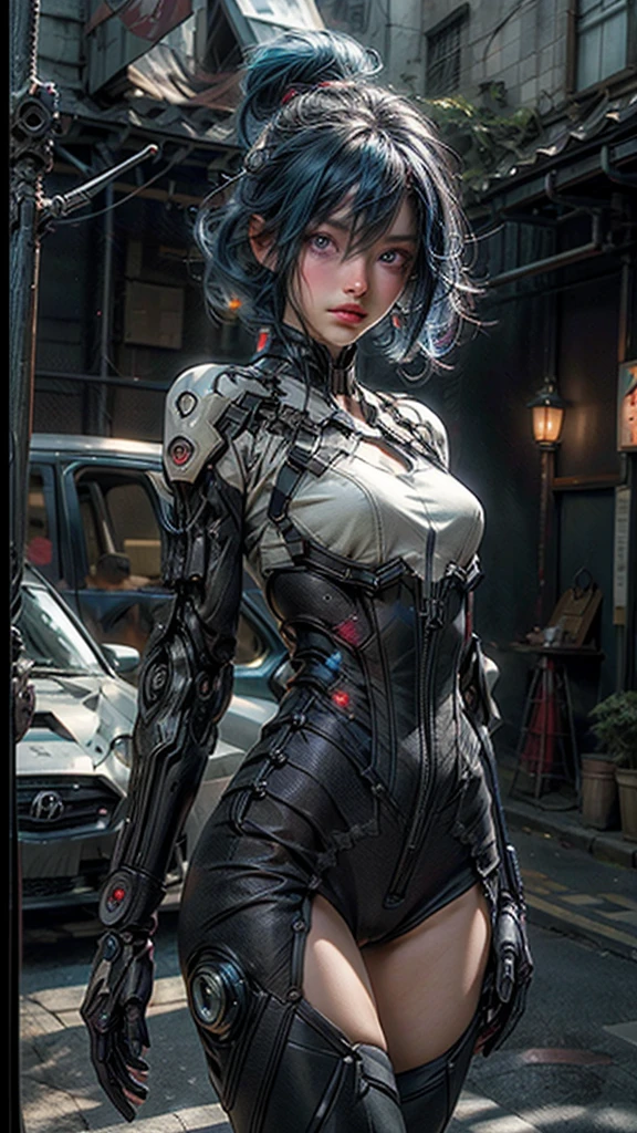 masterpiece,best quality,ultra-detailed,very detailed illustrations,extremely detailed,intricate details,highres,super complex details,extremely detailed 8k cg wallpaper,cowboy shot, caustics,reflection,ray tracing,demontheme,nebula,dark aura,cyber effect, (1girl:1.4),solo,alone,mecha musume,mechanical parts, robot joints,single mechanical arm, headgear, mechanical halo,star halo,intricate mechanical bodysuit, mecha corset, kimono, full armor, short hair,sea blue hair, hair between eyes, multicolored hair, colored inner hair, purple eyes,(glowing eye:0.8),eye trail, random expressions,random action, modern mix ancient japanese architecture,pond, starry sky,skyline,