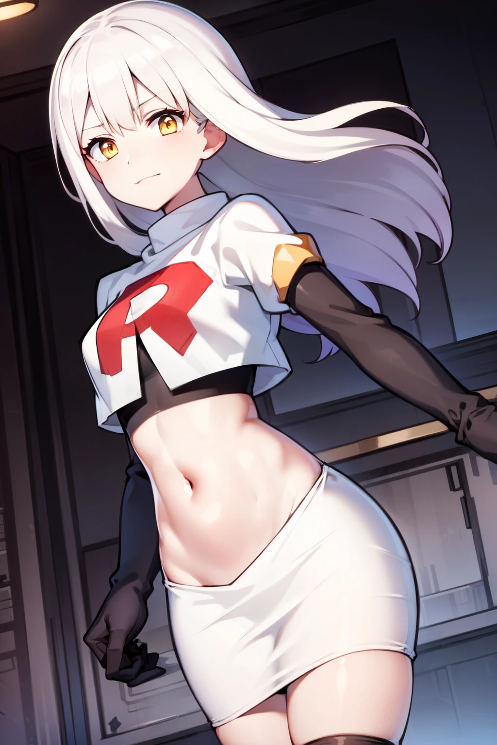 (masterpiece:1.2), (pale skin:1.2), (8k:1.2), (solo:1.2), (female:1.1), (dynamic angle), long hair, gray hair, yellow eyes, team rocket,team rocket uniform,white skirt,red letter R,crop top,black thigh-highs,black elbow gloves