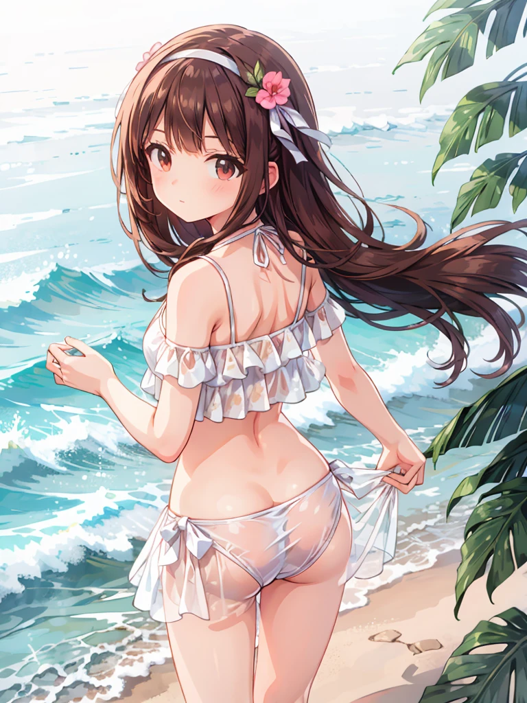 masterpiece, beautiful illustrations, highest quality, pretty girl, 1girl, standing, pastel colour, (two-separated bikini), sexy bikini, reddish brown long hair, headband, bright lighting, looking at viewer, on the shore