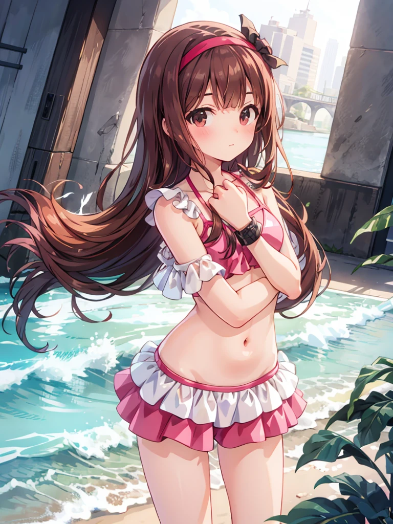 detailed、1 girl、solo、Kumiko Omae, short hair、wavy hair, Kitauji High School 、(pink bikini)、Anime girl with brown hair and brown eyes