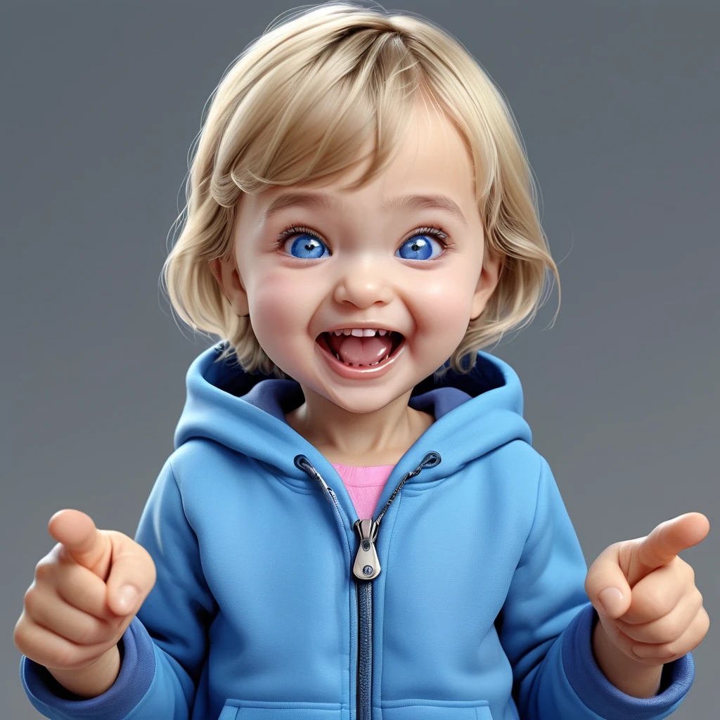 (((happy Smile with open mouth, closed teary blue eyes, small hands holding stomach, pointing small finger))), ((big chibi head)), portrait, (wide open mouth), blue hoodie, [wrinkles near the nose:0.5], (simple gray background), baby girl, [Nordic:Icelandic:0.5], Hourglass body, perfect Olive skin, big Oval Face, Long neck, Rounded shoulders, slim fitness arms, Attached Pointed ears, Short blonde Beach Waves pixie haircut Parting centre hair, snub nose, High Round Narrow cheekbones, Dimpled Cheeks, Rounded Chin, Nude Makeup Look, long eyelashes, third breast size, 8k, vray, IMax, hyperrealism, perfect light, bokeh Carl Zeiss 85mm, small depth of field, photorealistic, masterpiece, high resolution, best quality, cinematic shot, ultra-detailed, super realistic, Hyperrealistic art, high-quality, ultra high res, highest detailed, lot of details, Extremely high-resolution details, photographic, realism pushed to extreme, incredibly lifelike, atmospheric perspective (focus on face), realistic skin, soft light, detailed skin, colourful, soft cinematic light, (perfect skin), 
realistic skin texture, [wrinkles near the eyes:0.5]