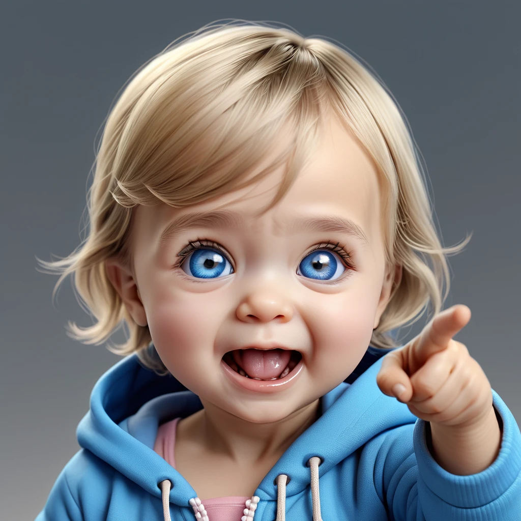 (((happy Smile with open mouth, closed teary blue eyes, small hands holding stomach, pointing small finger))), ((big chibi head)), portrait, (wide open mouth), blue hoodie, [wrinkles near the nose:0.5], (simple gray background), baby girl, [Nordic:Icelandic:0.5], Hourglass body, perfect Olive skin, big Oval Face, Long neck, Rounded shoulders, slim fitness arms, Attached Pointed ears, Short blonde Beach Waves pixie haircut Parting centre hair, snub nose, High Round Narrow cheekbones, Dimpled Cheeks, Rounded Chin, Nude Makeup Look, long eyelashes, third breast size, 8k, vray, IMax, hyperrealism, perfect light, bokeh Carl Zeiss 85mm, small depth of field, photorealistic, masterpiece, high resolution, best quality, cinematic shot, ultra-detailed, super realistic, Hyperrealistic art, high-quality, ultra high res, highest detailed, lot of details, Extremely high-resolution details, photographic, realism pushed to extreme, incredibly lifelike, atmospheric perspective (focus on face), realistic skin, soft light, detailed skin, colourful, soft cinematic light, (perfect skin), 
realistic skin texture, [wrinkles near the eyes:0.5]