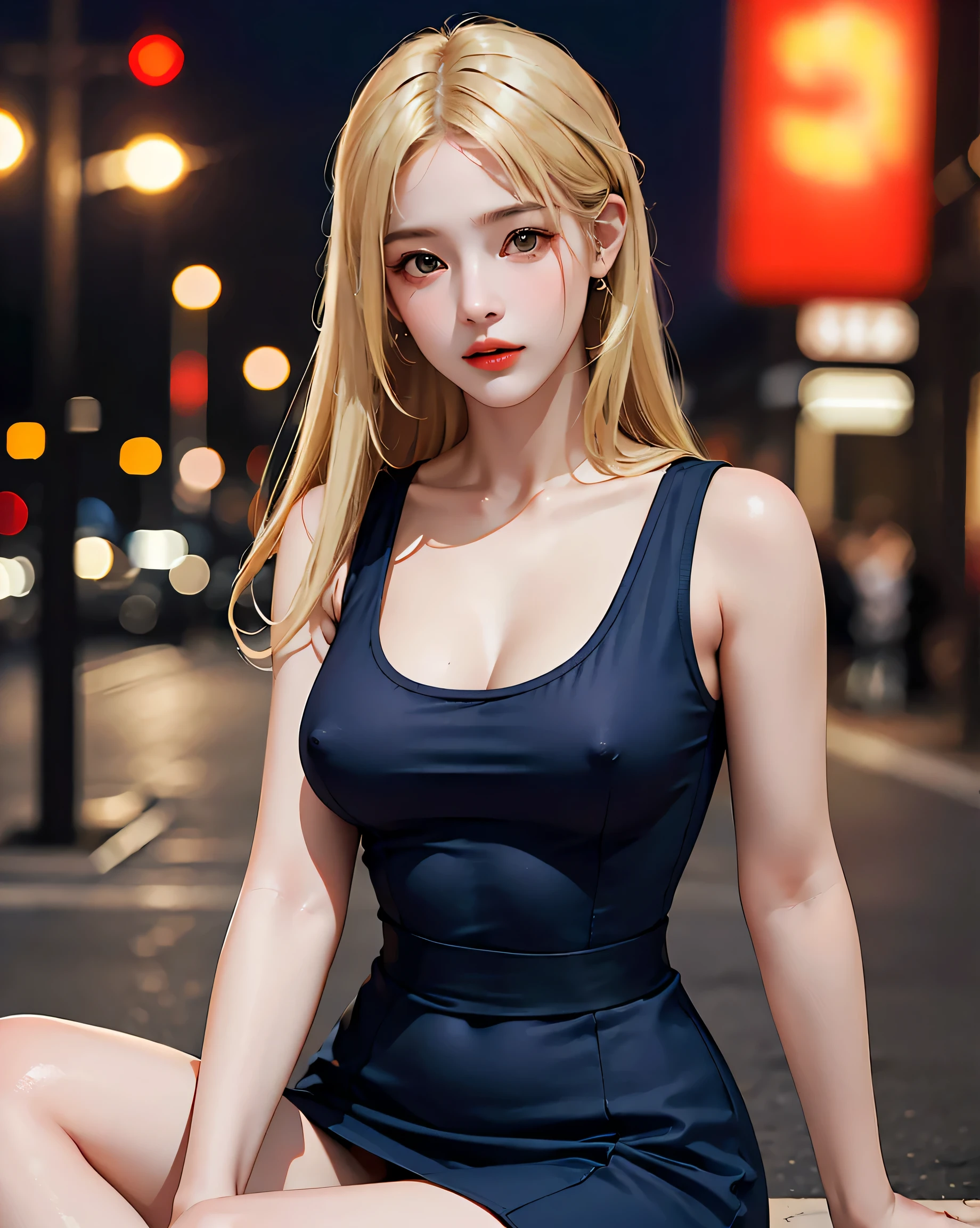 (highest quality, 8K, masterpiece: 1.3)), full body, focus sharply: 1.2, outstanding beauty: 1.4, thin abs: 1.2, (((blonde:1.2)), tank top dress: 1.1, (City of night, street: 1.1), Highly detailed face and skin texture, big breasts,thin waist,erect nipples