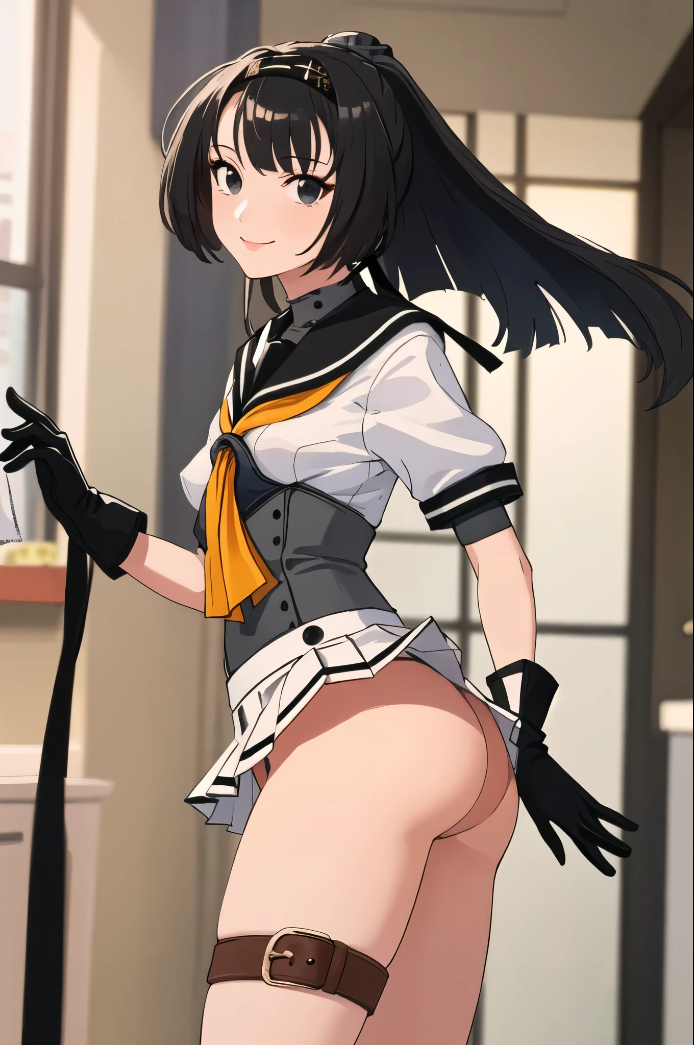(masterpiece, highest quality:1.4), highest quality, masterpiece, High resolution,
(perfect anatomy), (symmetrical eyes, Super detailed eyes, beautiful eyes), (, Super detailed face, beautiful face), (black eyes),
Breaking 1girl, alone,,((nsfw))
QiuyueKC, (Qiuyue) uniform, (black) headband, (black) sailor collar, (yellow) neckerchief, (colorful) gloves, (white) pleated skirt, (gray) boots, (white)(black) gloves, (right side) thigh strap,(short sleeve) serafuku, (gray) corset, mini skirt,
壊す
looking at viewer, cowboy shot, towards the viewer, smile, (indoor, office, living room),
Breaking Skirt Lift, panties, butt, back
