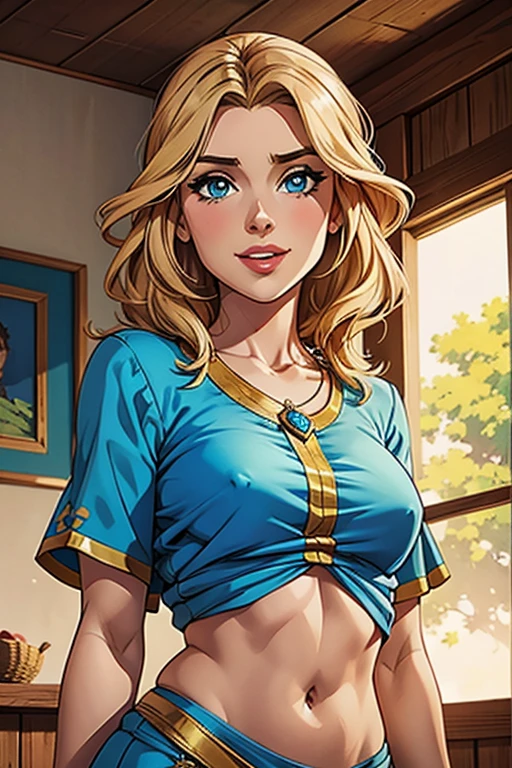 link,cabelo loiro curto,Orelhas pontudas, olhos azuis,  maquiagem leve,  barriga, peito achatado,  umbigo, lips, sorriso sedutor, 
manoplas de noiva, blue tunic,  mangas compridas,  
 noite,  taberna, a
(incrivelmente detalhado, lindo rosto detalhado, obra de arte, Melhor qualidade) standing, tronco,
 