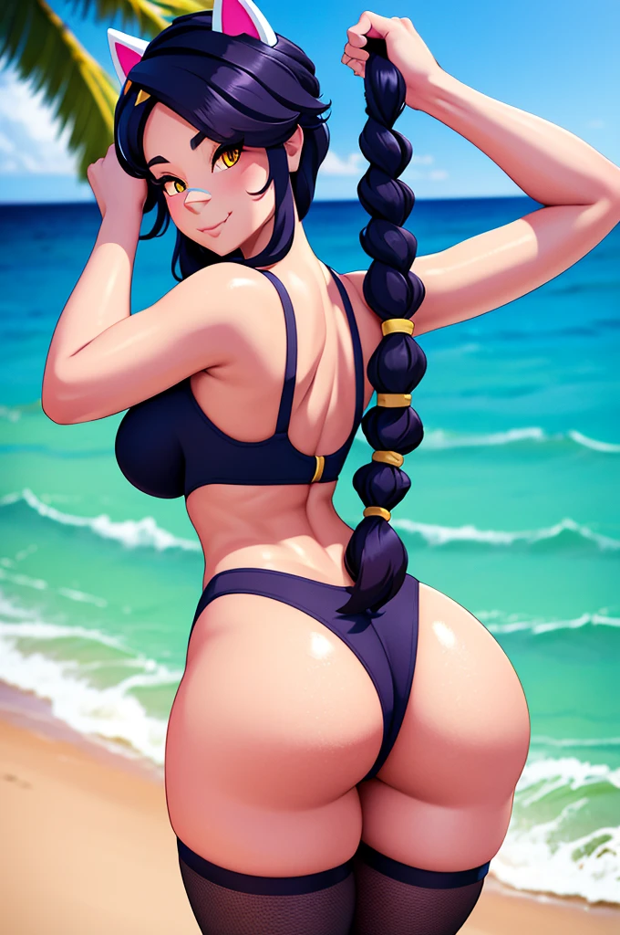 Erisa, 1girl, solo, long hair, looking at viewer, black hair, bandaid on face, yellow eyes, animal ears, smile, bandaid on nose, braid, cat ears, bandaid, bangs, breasts, fake animal ears, simple background, fang, bare shoulders, scar, bare shoulders, closed mouth, hair over one eye, portrait, hair over shoulder, legs, seductive, bathing suit, 2 piece swimsuit, beach, realistic, highly detailed face, detailed eyes, best quality, masterpiece, ultra detail, ultra high res, extreme detail, 8k, uhd, voluptuous, curvy, thick thighs, milf, butt, ass, round ass, from behind