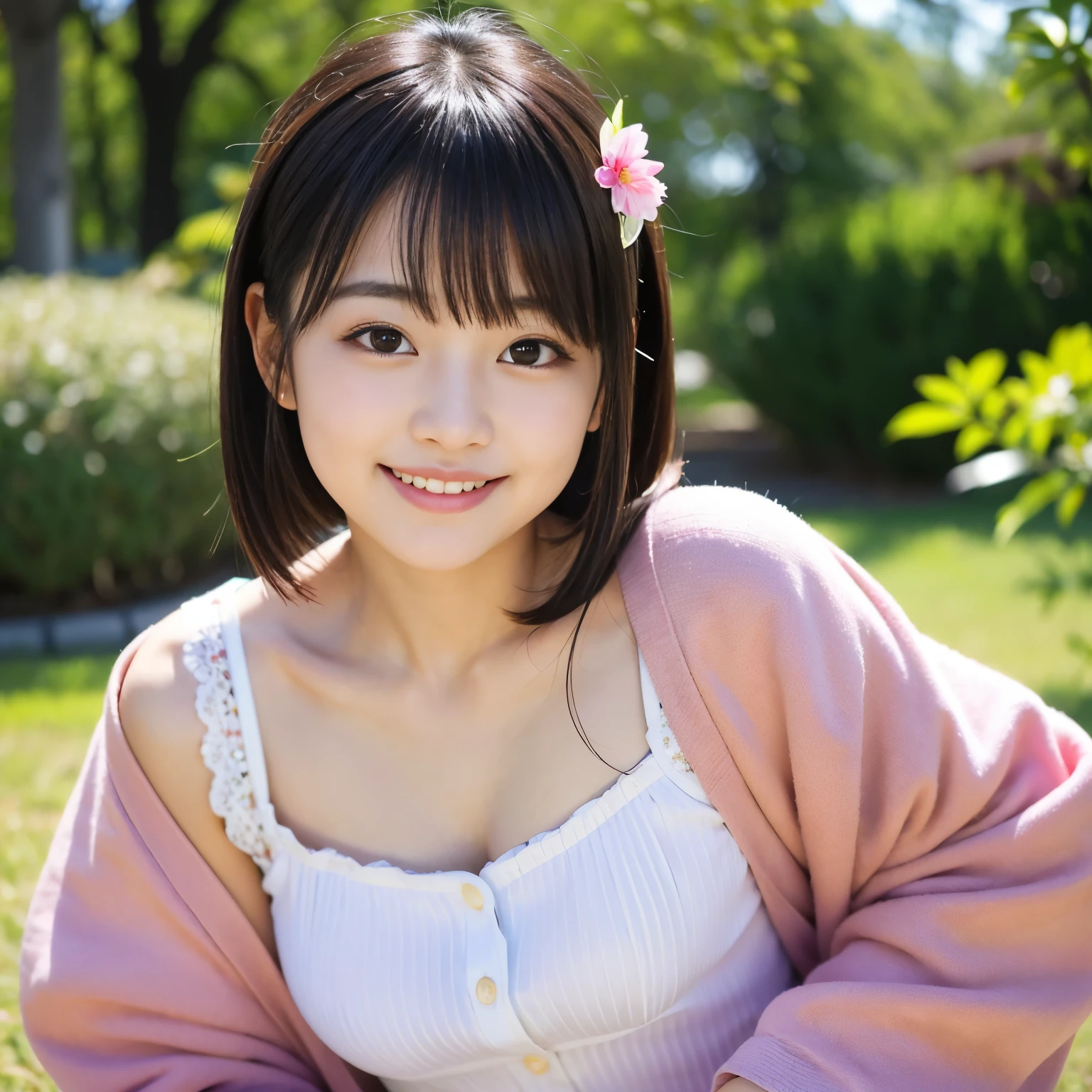 Best-quality, Masterpiece, Ultra-High-Resolution, (Photorealistic:1.4), Raw-Photo, 1girl, the most famous Japanese idol, wearing spring-clothes, extremely cute face like the most popular Japanese idol, extremely beautiful big-black-eyes, extremely cute hairstyle, extremely beautiful hair, extremely beautiful skins, innocent-smile