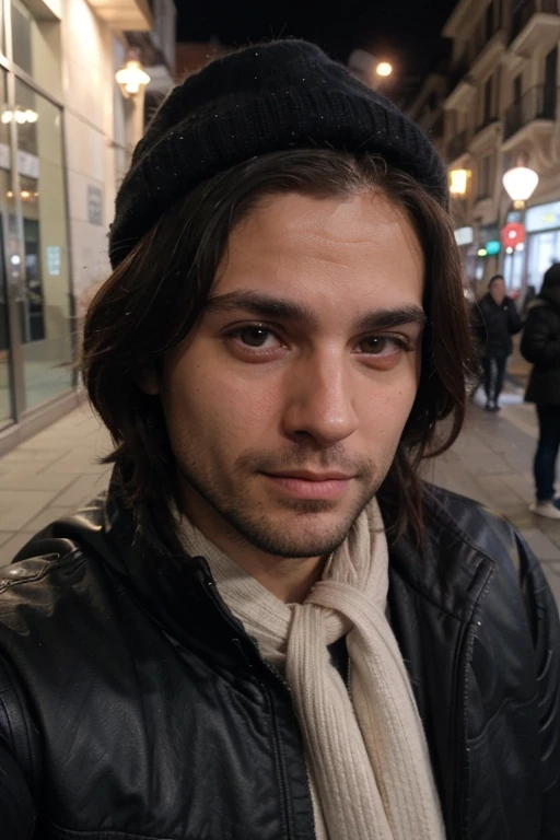 Selfie of a man on the street in Madrid at 6 am. Homem branco com barba, cabelos pretos curtos, olhos castanhos. Jaqueta grossa preta para frio, cold cap on head. Rosto bem detalhado e sorrindo.