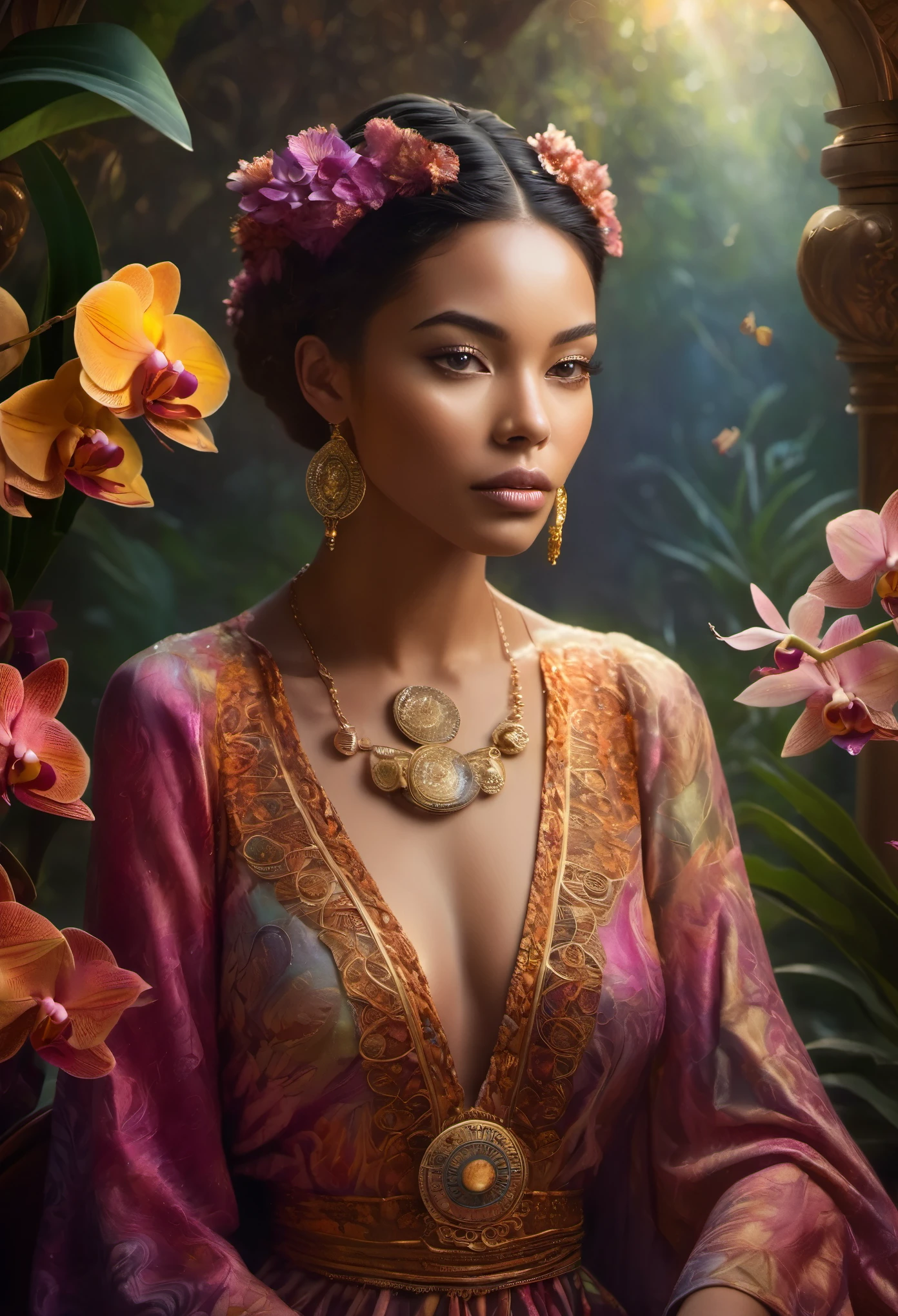 A captivating conceptual art piece featuring a mysterious figure with infinite eyesight and focus. The female figure is adorned with intricate patterns and details, within a dawn chorus. she holds an orchid, with the stardust waterfalls radiating concentric circles. The background is a blend of distant expansive of foggy landscapes, deep shadows, and vibrant flowers, symbolizing the beauty and diversity of nature. The overall ambiance of the image is serene and contemplative, with an air of mysticism., portrait photography, photo, conceptual art, illustration, posterA captivating conceptual art piece featuring a mysterious figure with infinite eyesight and focus. The female figure is adorned with intricate patterns and details, within a dawn chorus. she holds an orchid, with the stardust waterfalls radiating concentric circles. The shallow depth of focus, blurred background is a blend of distant expansive of foggy landscapes, deep shadows, and vibrant flowers, symbolizing the beauty and diversity of nature. The overall ambiance of the image is serene and contemplative, with an air of mysticism., Raw photo, solo female, mixed race, best quality, high resolution, photorealistic, hyper detailed, beautiful woman with (long slicked back styled hair:1.4), pierced septum, taken (webcam photo angle:1.2,), ((wearing fitted high achieving professional dress:0.8)) immaculate clothing, (interior luxury lobby, (comfortable), lovely woman, ultra high res, RAW, relaxed arms, (hands folded in her lap), warm and pleasant, sitting in oversized velvet armchair, intimate POV, a beautiful woman (High detailed skin:1.2), detailed eyes, stunning eyelash details, perfect hazel pupils, ((video call)), raw photo, (blushing:1.3 ), Leica camera quality, Digital SLR, Soft lighting, High quality, FujifilmXT3, afternoon sun、Taken inside luxury hotel lobby、her luggage is next to armchair, Sit down close to her, skin peachfuzz and pore details, radiant、natural hair, A slight smile、fusion cultured,
