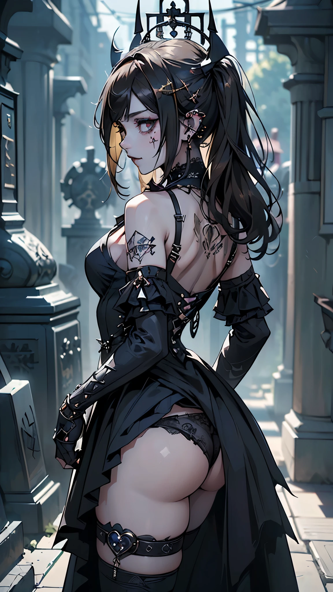 (rear view, backside view),(sonrisa mostrando los dientes:1.3),(Shibuya gal:1.5)、(ta punk rock gothic :1.4 )、(moda gotica:1.4)、(neogothic:1.3)、(Fine-grained denim vestido:1.4 )、(Vistiendo una sirvienta steampunk detallada en mezclilla y blanco.:1.5)、! Fondo de cementerio de calaveras grandes :1.4), (cuello y mangas de encaje:1.1)、(calcetines hasta la rodilla de mezclilla:1.3)、(dark fantasy cemetery background :1.4), (heart mark decoration:1.guantes de moda unrock:1.4)、(adorno de pelo de lujo:1.4)、(heart brand belt)、(Tacones altos de mezclilla)、(La ropa interior es a rayas.:1.4)、(24 years old)、((Of the highest quality、8K、obra maestra:1.3))、Belleza de abdominales delgados:1.3、(Peinado informal、enormes tetas:1.1)、vestido:1.1、super small face、Ojos estrechos、double eyelid、una sonrisa descuidada、Esbian de cuerpo completo、dynamic angle、de cerca、filtro completo、fondo borroso、bokeh、hora azul、Textura detallada de la cara y la piel.、ojos detallados、,(Colas gemelas:1.3)、(golden brown hair:1.3)、idol engraving、(El fondo es cementerio tenebroso piedras grandes :1.4 )、(adelgaza tus piernas:1.4)、(Cuerpo delgado:1.3)、(clavicle:1.1), (colores brillantes), ,( ciberpunk 2.1),(cementerio V2.1), (dynamic cowboy pose),( mostrando panties :1.4)