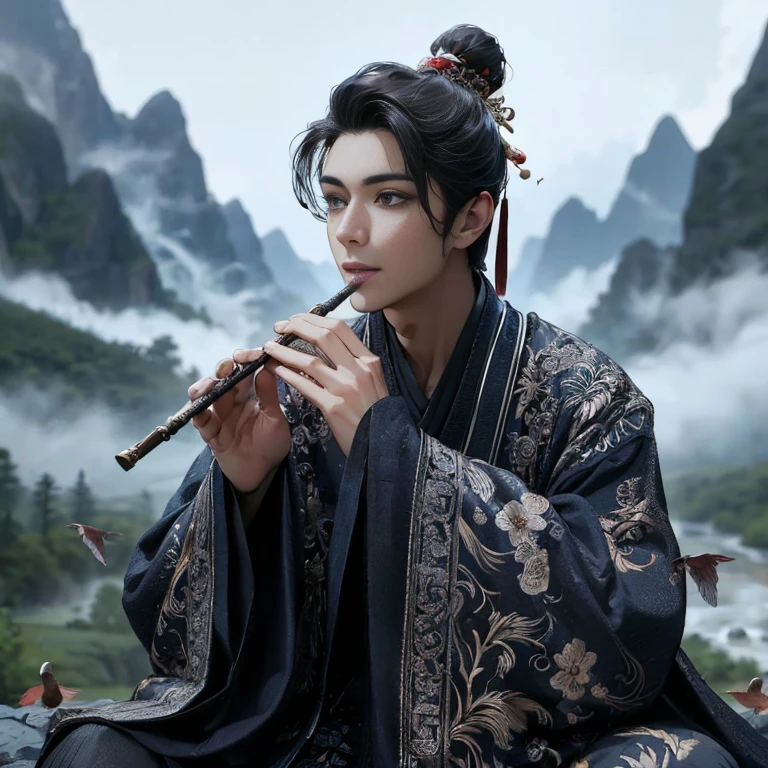 (Best Quality:1.2), (high resolution:1.2), (beautiful face and eye:1.2), (sharpest focus:1.2), (Ultra-realistic Photo:1.2), (Ultra-precise Photo:1.2), (Depth of field:1.2), (8k high resolution:1.2), (perfect anatomy:1.2), (nice hands:1.5),
(perfect hands:1.5), (Very young and masculine and dignified and beautiful Chinese male:1.5), (Beautiful nobleman:1.0), (A beautiful nobleman:1.0), (A shiny black hermit-like garment with fancy embroidery:1.0), (A gentle smile:1.3),
(Playing an iron flute:1.5), (A secluded hermit-like place deep in the mountains of China:1.0), (A mysterious fairyland:1.2), (Birds and animals gathered to listen to the sound of the flute:1.3), (Looking up angle:1.0),