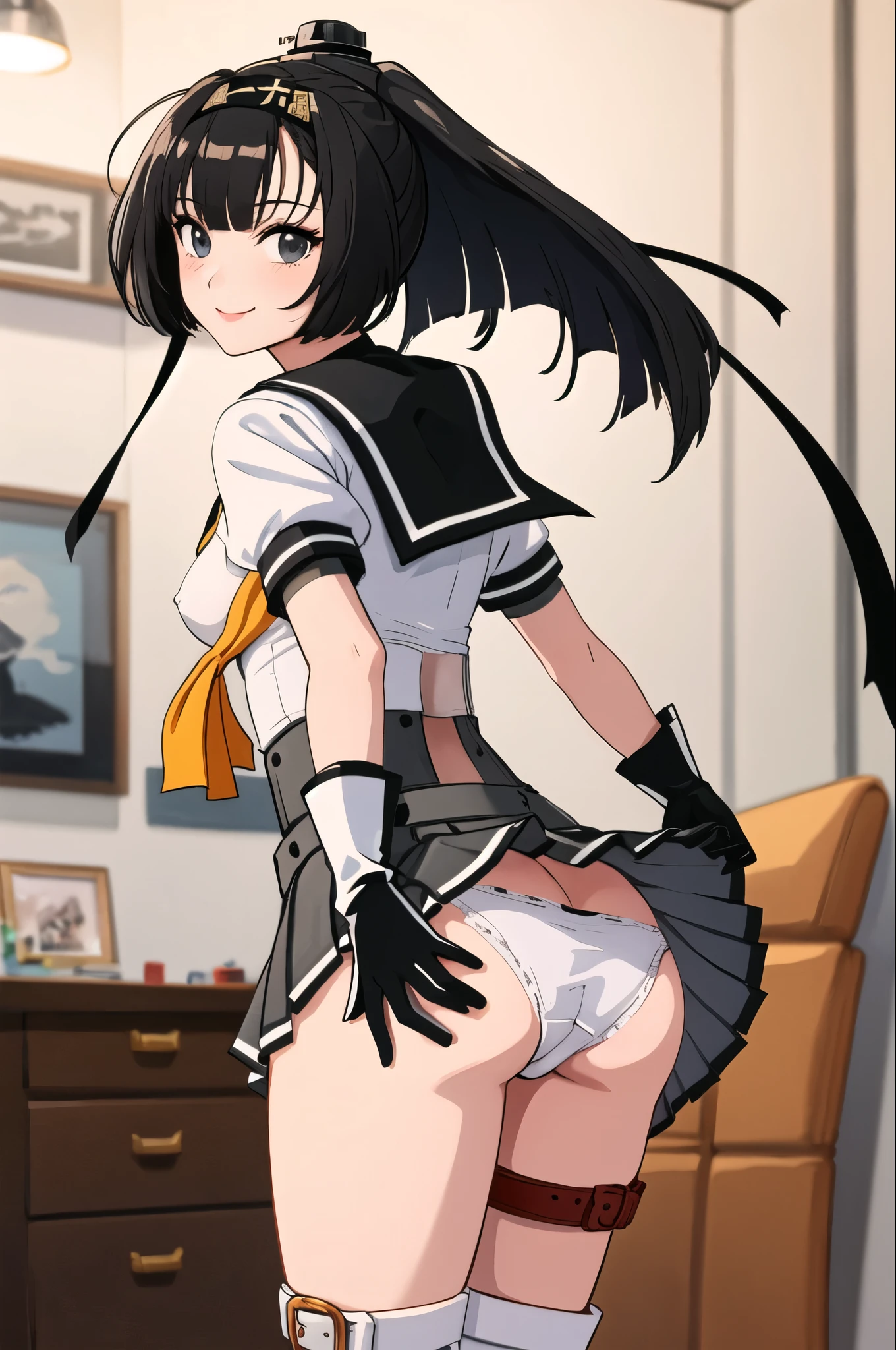 (masterpiece, highest quality:1.4), highest quality, masterpiece, High resolution,
(perfect anatomy), (symmetrical eyes, Super detailed eyes, beautiful eyes), (, Super detailed face, beautiful face), (black eyes),
Breaking 1girl, alone,,((nsfw))
QiuyueKC, (Qiuyue) uniform, (black) headband, (black) sailor collar, (yellow) neckerchief, (colorful) gloves, (white) pleated skirt, (gray) boots, (white)(black) gloves, (right side) thigh strap,(short sleeve) serafuku, (gray) corset, mini skirt,
壊す
looking at viewer, cowboy shot, towards the viewer, smile, (indoor, office, living room),
Breaking Skirt Lift, panties, butt, 