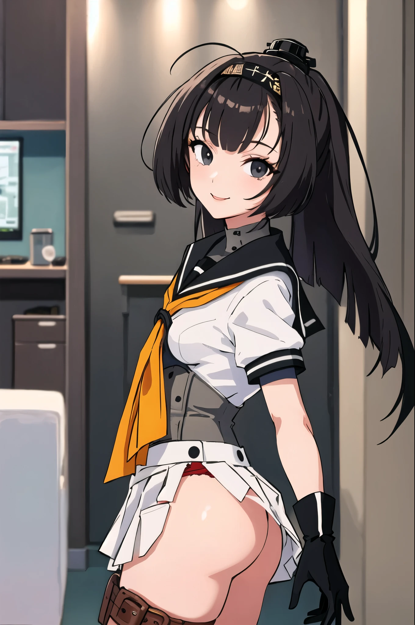 (masterpiece, highest quality:1.4), highest quality, masterpiece, High resolution,
(perfect anatomy), (symmetrical eyes, Super detailed eyes, beautiful eyes), (, Super detailed face, beautiful face), (black eyes),
Breaking 1girl, alone,,((nsfw))
QiuyueKC, (Qiuyue) uniform, (black) headband, (black) sailor collar, (yellow) neckerchief, (colorful) gloves, (white) pleated skirt, (gray) boots, (white)(black) gloves, (right side) thigh strap,(short sleeve) serafuku, (gray) corset, mini skirt,
壊す
looking at viewer, cowboy shot, towards the viewer, smile, (indoor, office, living room),
Breaking Skirt Lift, panties, butt,
