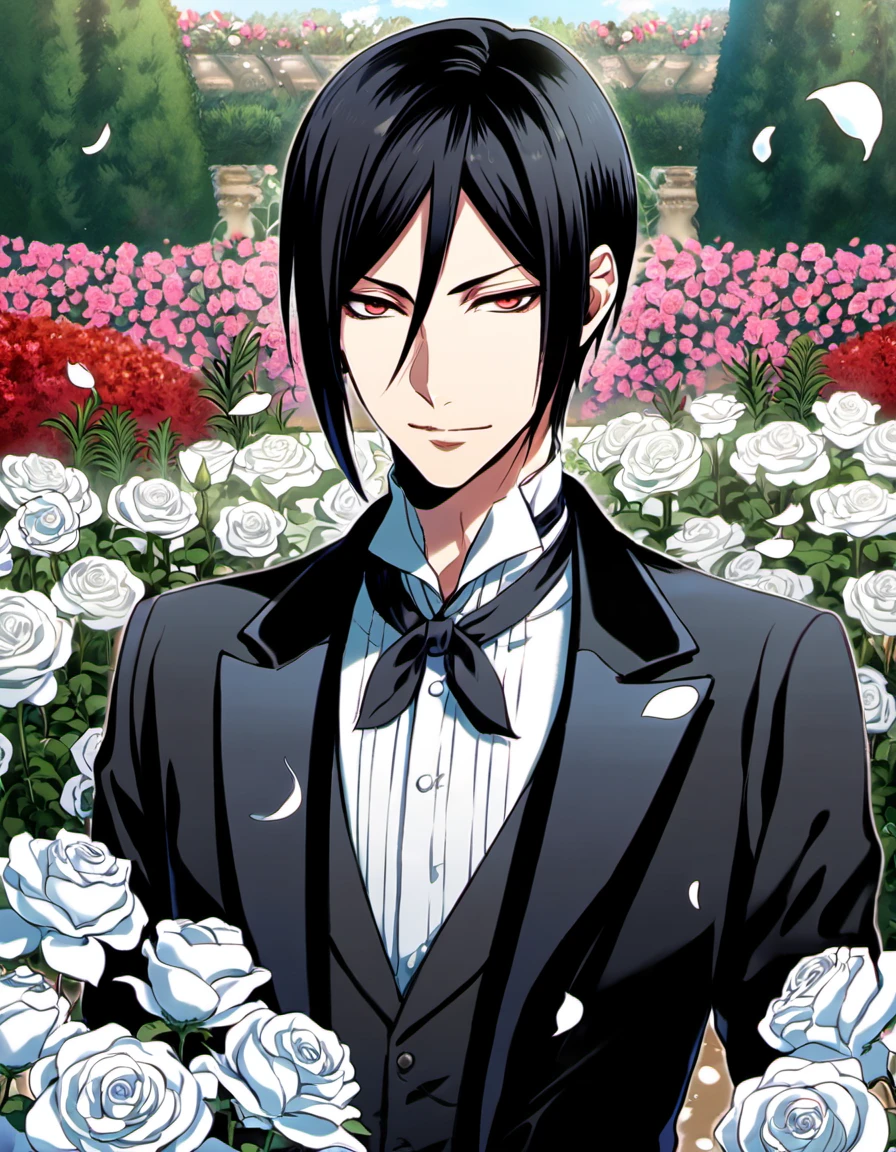 Ultra detailed, Highres, absurdres, HDR, Sebastian Michaelis, black hair, red eyes, Kuroshitsuji, black butler clothes, 1 man only, petals, white roses, garden, handsome,