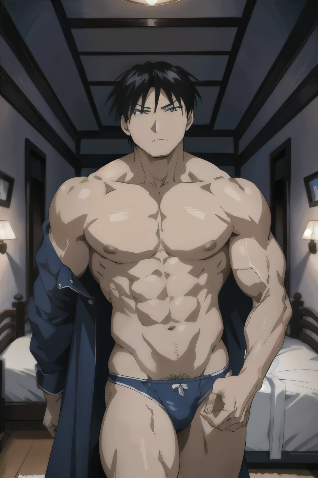Roy Mustang from Full Metal Alchemist, wearing black swimwear, bodybuilder, with oiled skin, defined body, shirtless, abs, bedroom
