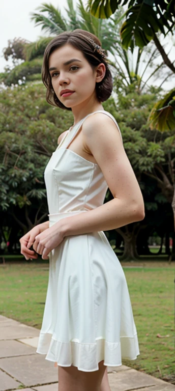 realistic body shot photo of a american smiling woman walking in front of the camera wearing a long 1920s summer dress. Farm. glamour photoshoot. perfect butt, beautiful face, perfect anatomy, fit girl, looking into the camera, strong hip:1.2, wide hip:1.3, 23 yo woman. (Eye makeup:1.1), (highly detailed skin:1.1), RAW, analog style, sharp focus, 8k UHD, DSLR, high quality, Fujifilm XT3, grain, award winning, masterpiece.