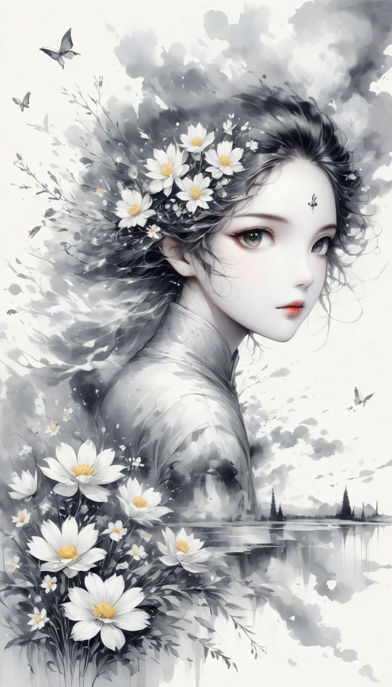 (Anime line drawing:1.5),(black and white painting:1.45),Minimalism,(line art:1.6),sketch,Charcoal drawing,mask,flower,Illustration in surreal art style,surreal dream,Dubrec style,(multiple exposure:1.8),Dreams of happiness,