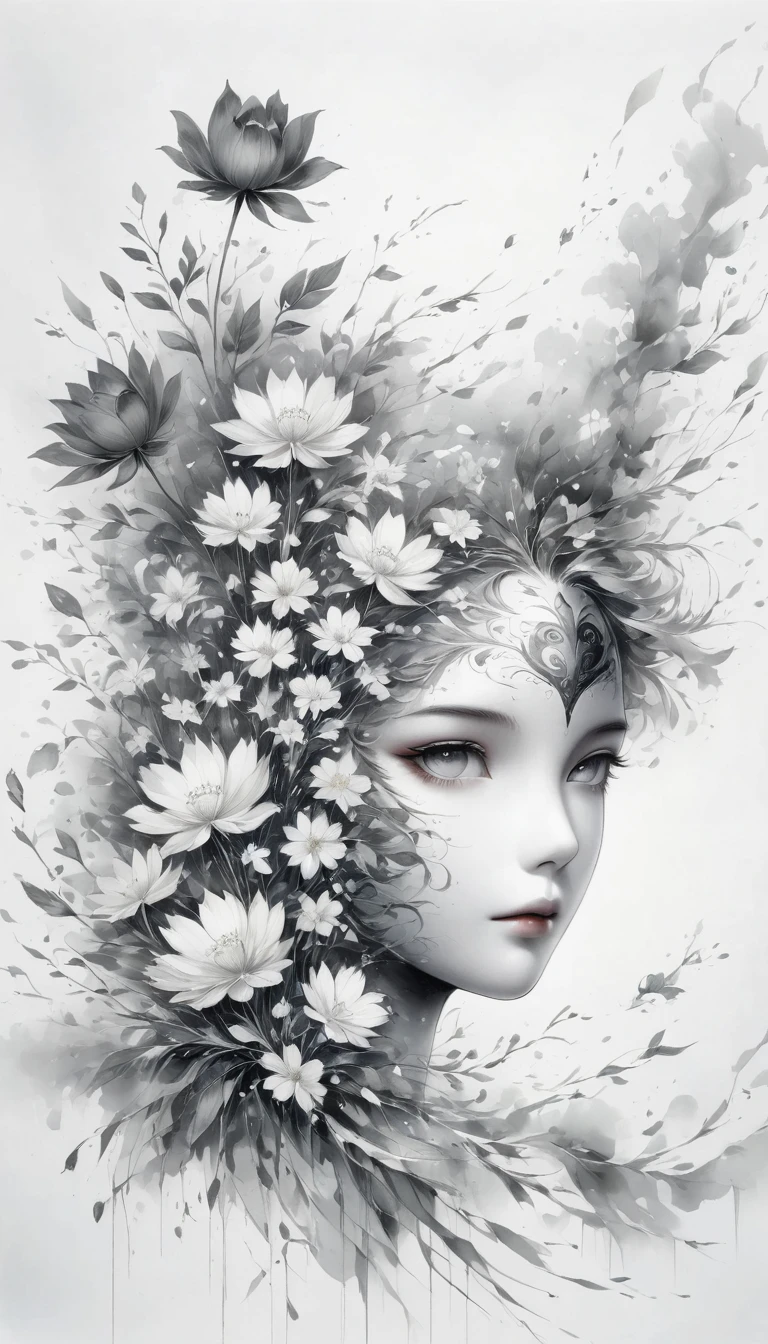 (Anime line drawing:1.5),(black and white painting:1.45),Minimalism,(line art:1.6),sketch,Charcoal drawing,mask,flower,Illustration in surreal art style,surreal dream,Dubrec style,(multiple exposure:1.8),Dreams of happiness,