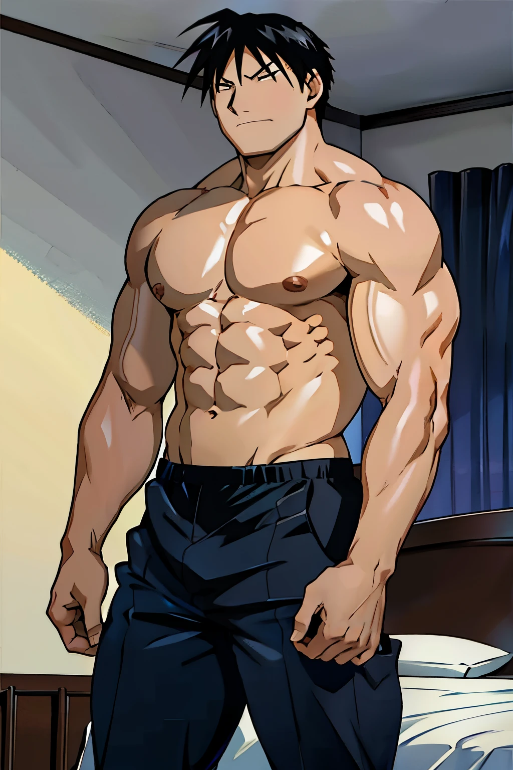 Roy Mustang from Full Metal Alchemist, wearing black underpants, bodybuilder, with oiled skin, defined body, shirtless, abs, bedroom