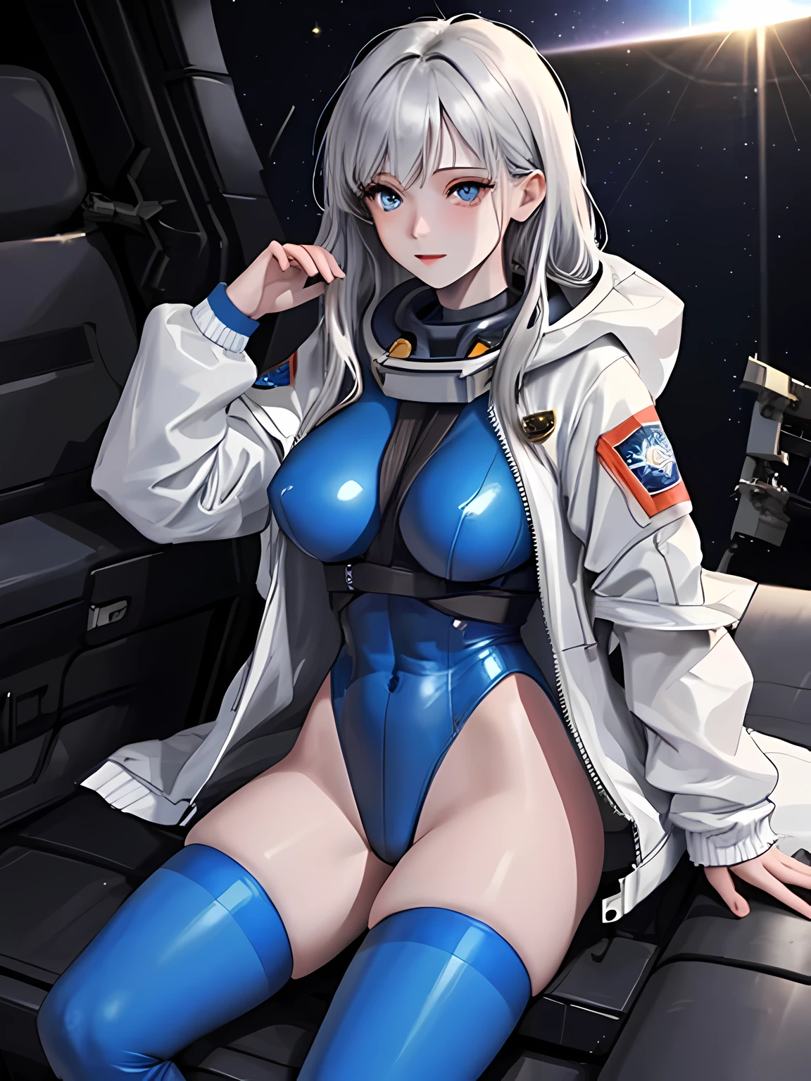 (8k), (highest quality:1.1), (best quality:1.1), (masterpiece), (ultra-detailed), perfect anatomy, correct anatomy, perfect proportion, perfect face, perfect hands, perfect legs, perfect fingers, BREAK 1mature woman, curvy, fit body, pale skin, silver hair, long straight hair, blue eyes, massive breasts, BREAK (simple blue leotard:1.5), (all polished blue leotard:1.5), (simple blue thighhighs:1.5), (all polished blue thighhighs:1.5), BREAK (white cropped jacket:1.2), puffy jacket, long sleeves, BREAK (spacecraft interior:1.4), (zero_gravity:1.4), starlight background, (lens flare:1.3), (cockpit:1.3), cinematic lighting, (blue lamps glowing:1.3)
