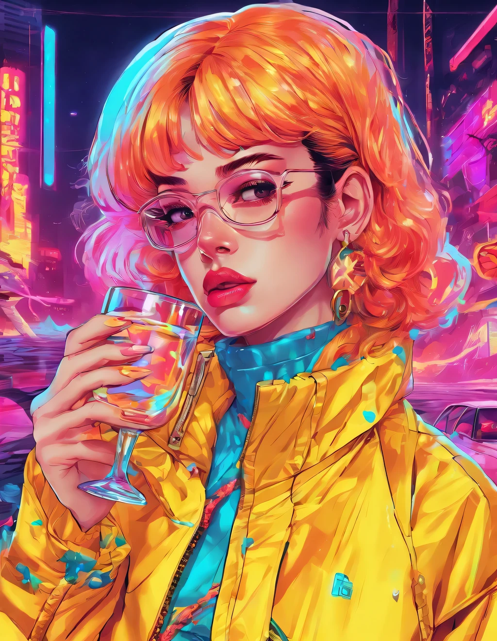 a close up of a woman in a yellow coat holding a glass, rossdraws cartoon vibrant, rossdraws pastel vibrant, vibrant fan art, lois van rossdraws, artgerm julie bell beeple, :: rossdraws, chris moore. artgerm, cyberpunk 2077 rossdraws, rossdraws 2. 0, trending artgerm