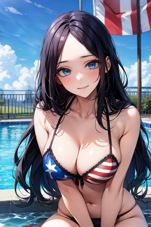 ((Black hair))), long hair, (((blue eyes))),(((forehead))) sexy, large breasts, beautiful body, masterpiece, smile, (((usa flag print lingerie))),sexy lingerie, hotel swimming pool,busty, buxom, curvy, voluptuous,Sexual Intercourse,
