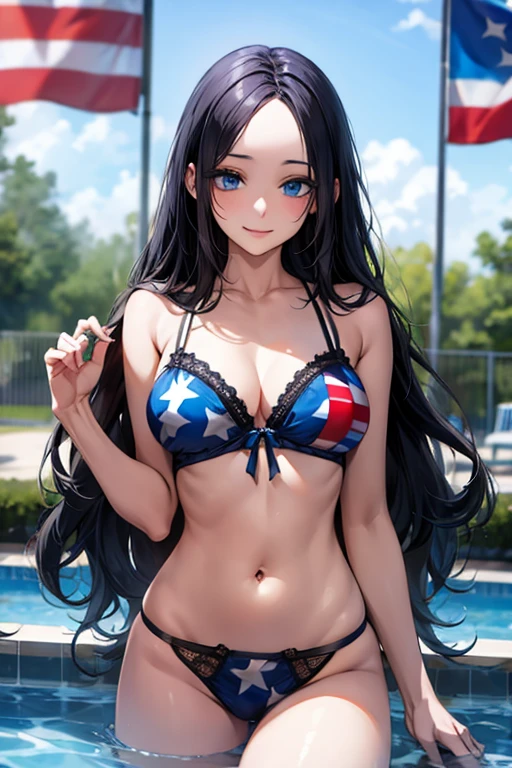 ((Black hair))), long hair, (((blue eyes))),(((forehead))) sexy, large breasts, beautiful body, masterpiece, smile, (((usa flag print lingerie))),sexy lingerie, hotel swimming pool,busty, buxom, curvy, voluptuous,Sexual Intercourse,
