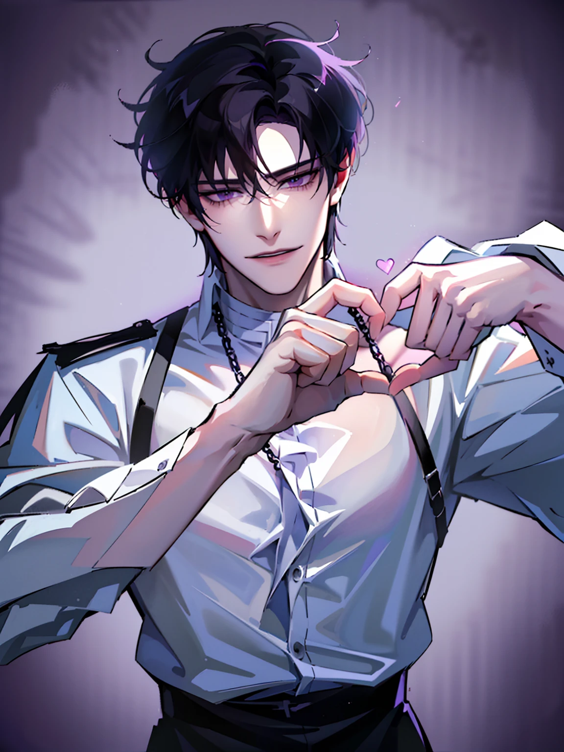 (masterpiece, 4k, high quality:1.3), 1boy, solo, short hair, black hair, asymmetrical fringe, purple eyes, handsome, sharp eyes, (mature male, mature:1.2), male focus, red button up shirt, black pants, necklace, muscles, starry background, close up, smile, heart hands, happy, bright lighting