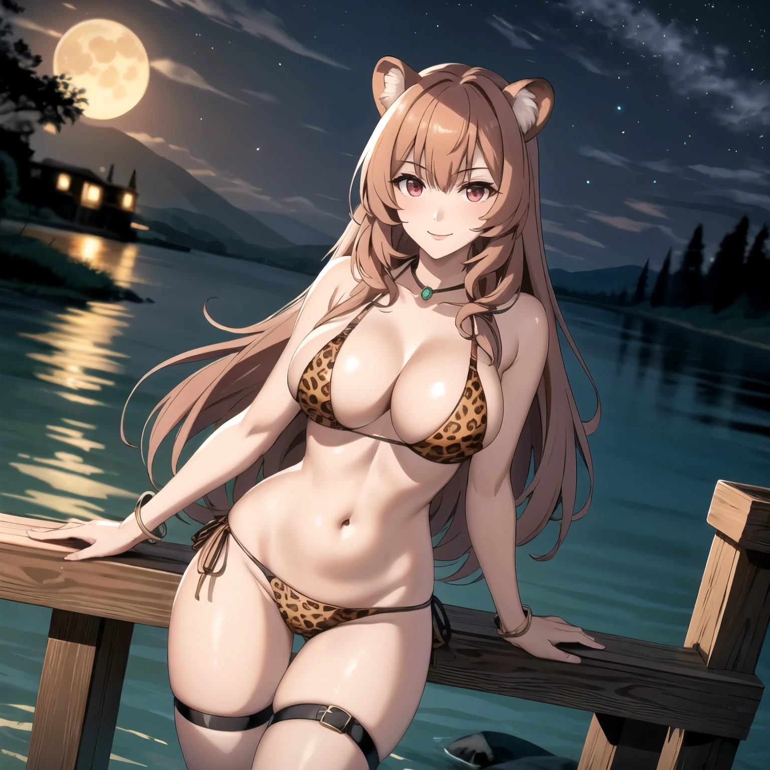 Raphtalia, atractiva mujer. orejas de oso, cabello naranja brillante, red eyes like rubies, pechos grandes, pink leopard print bikini, accesorios, sonrisa, pechos grandes, alta calidad. fondo un lago. de noche. luna llena. una sola mujer , mujer sola