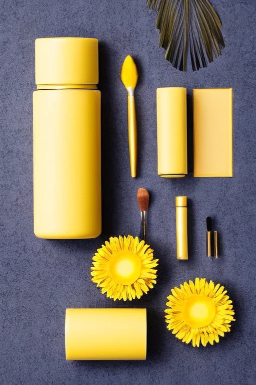 cosmetics kit with yellow packaging, fondo blanco, flores amarillas