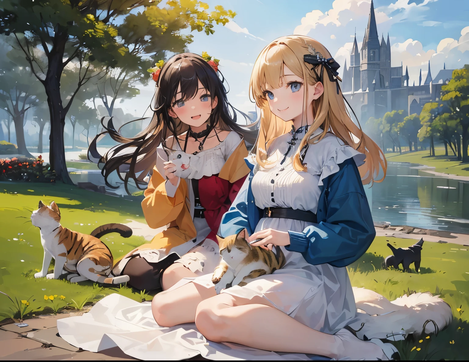 ((Best quality, A high resolution, Masterpiece:1.2)) ,(Clear facial features), (happy smile), two girl play with cats, holding cats, cat, cats, smile, laugh, happy atmosphere, landscape