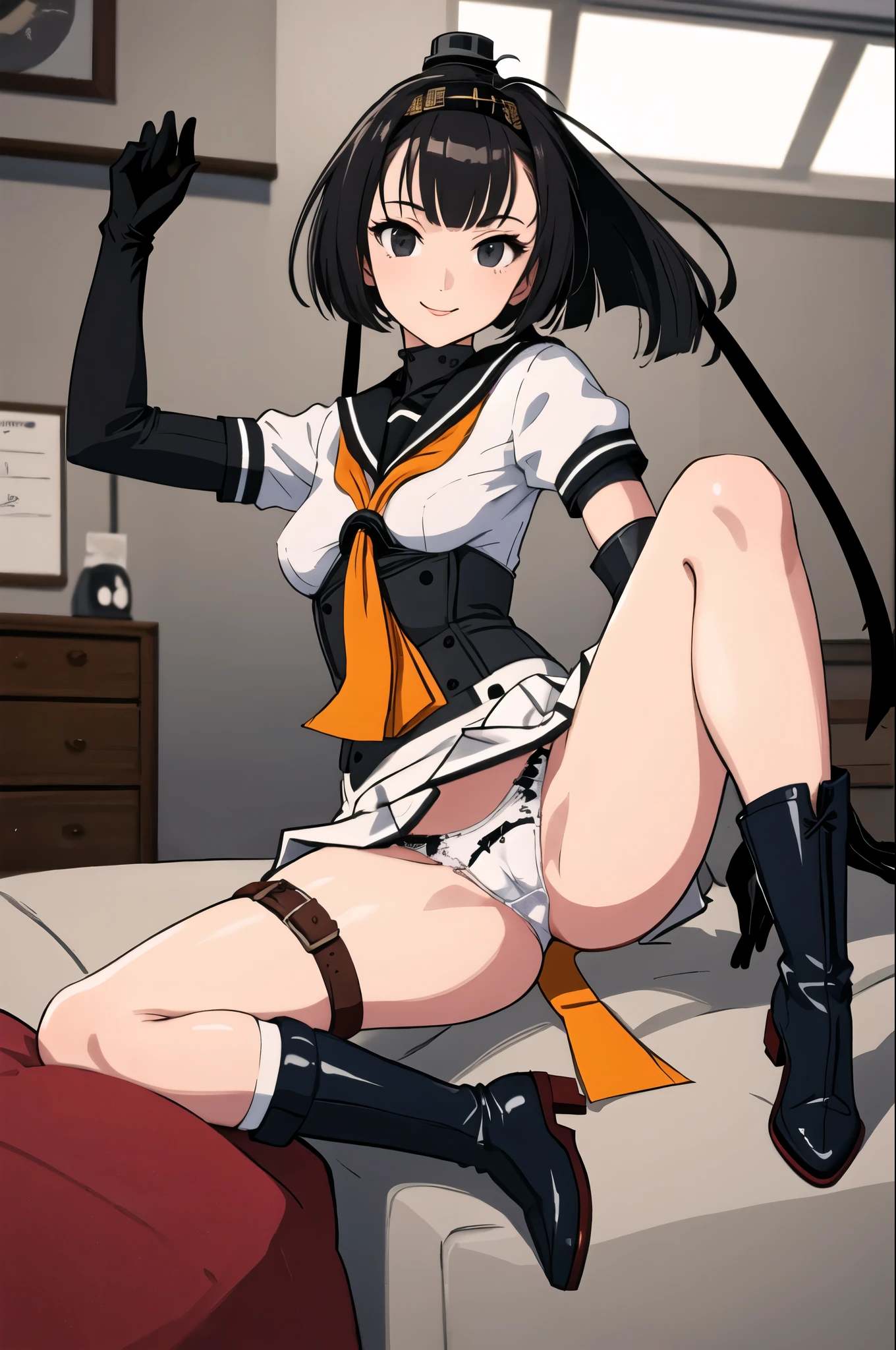 (masterpiece, highest quality:1.4), highest quality, masterpiece, High resolution,
(perfect anatomy), (symmetrical eyes, Super detailed eyes, beautiful eyes), (, Super detailed face, beautiful face), (black eyes),
Breaking 1girl, alone,,((nsfw))
QiuyueKC, (Qiuyue) uniform, (black) headband, (black) sailor collar, (yellow) neckerchief, (colorful) gloves, (white) pleated skirt, (gray) boots, (white)(black) gloves, (right side) thigh strap,(short sleeve) serafuku, (gray) corset, mini skirt,
壊す
looking at viewer, cowboy shot, towards the viewer, smile, (indoor, office, living room),
Breaking Skirt Lift, panties, flashy underwear, spread legs, legs up