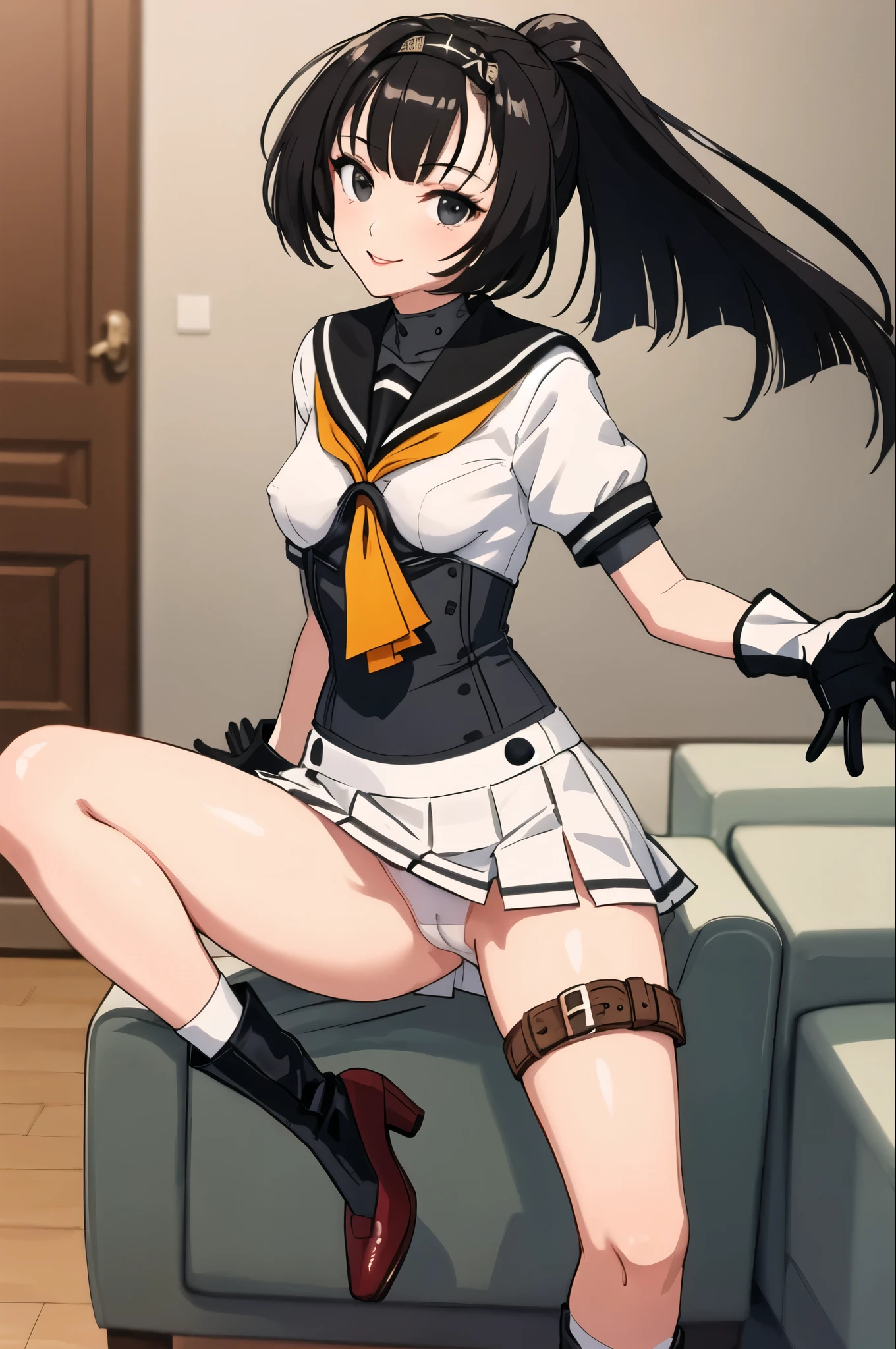 (masterpiece, highest quality:1.4), highest quality, masterpiece, High resolution,
(perfect anatomy), (symmetrical eyes, Super detailed eyes, beautiful eyes), (, Super detailed face, beautiful face), (black eyes),
Breaking 1girl, alone,,((nsfw))
QiuyueKC, (Qiuyue) uniform, (black) headband, (black) sailor collar, (yellow) neckerchief, (colorful) gloves, (white) pleated skirt, (gray) boots, (white)(black) gloves, (right side) thigh strap,(short sleeve) serafuku, (gray) corset, mini skirt,
壊す
looking at viewer, cowboy shot, towards the viewer, smile, (indoor, office, living room),
Breaking Skirt Lift, panties, flashy underwear, spread legs, legs up