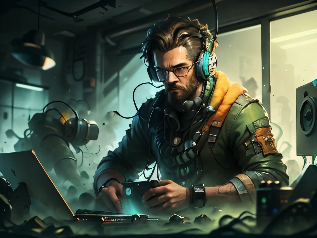 man in headphones and computer with a bunch of junk, 3D epic illustrations, stunning digital art, Epic digital art illustration, computer game art, creative photo manipulation, a gamer, photo manipulation, Incredible digital art, digital art video games, mind-bending digital art, Roland Zilvinskis 3D rendering, very realistic concept art